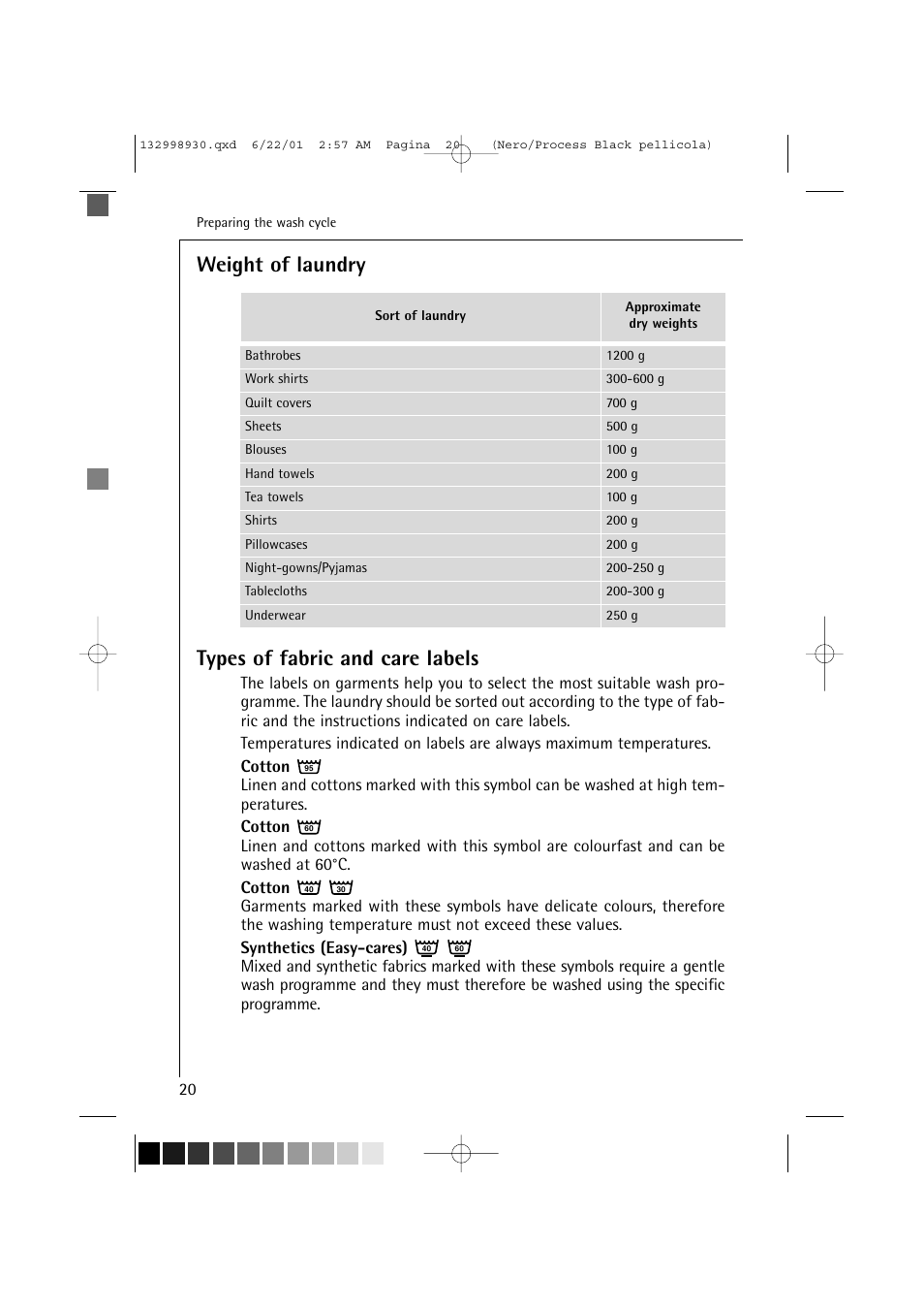 Weight of laundry types of fabric and care labels | Electrolux 12700 VI User Manual | Page 20 / 59