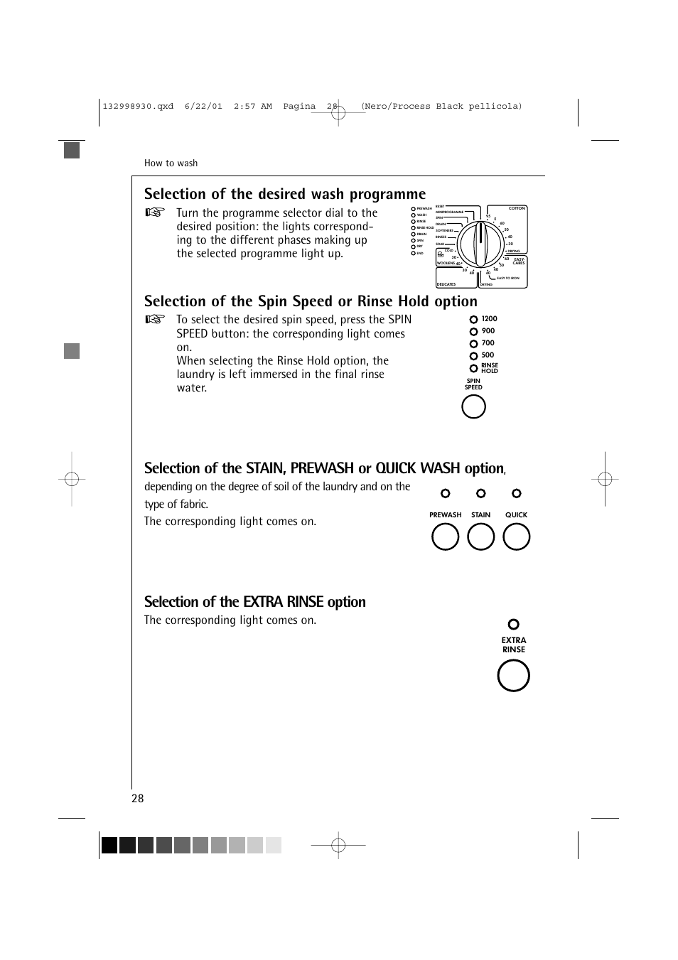 Selection of the desired wash programme, Selection of the spin speed or rinse hold option, Selection of the extra rinse option | The corresponding light comes on, How to wash | Electrolux 12700 VI User Manual | Page 28 / 59