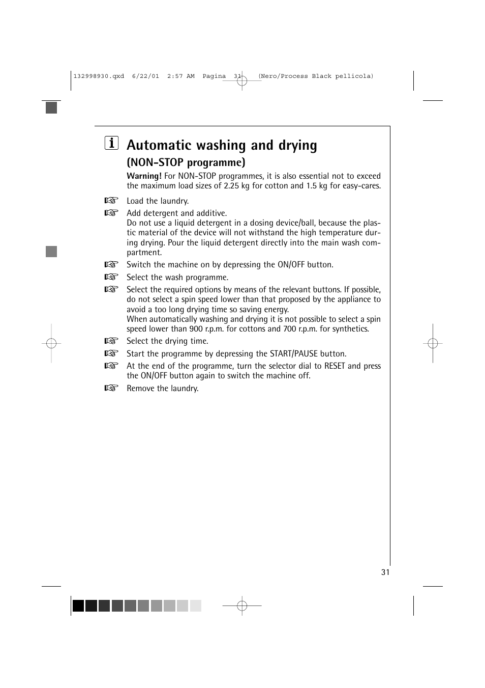 Automatic washing and drying, Non-stop programme) | Electrolux 12700 VI User Manual | Page 31 / 59