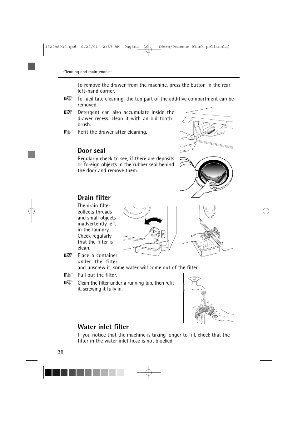 Door seal, Drain filter, Water inlet filter | Electrolux 12700 VI User Manual | Page 36 / 59