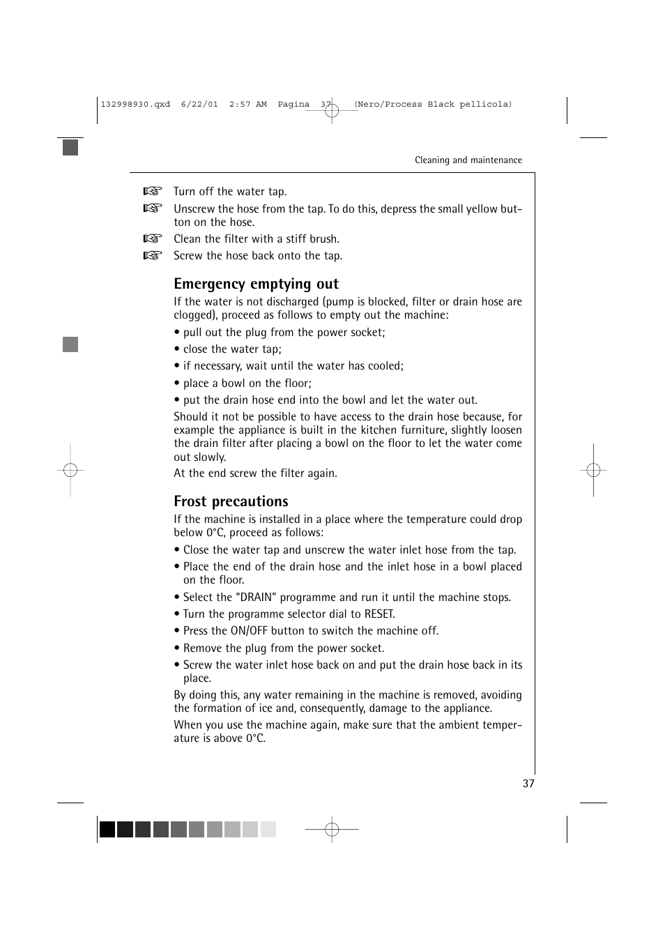 Emergency emptying out, Frost precautions | Electrolux 12700 VI User Manual | Page 37 / 59