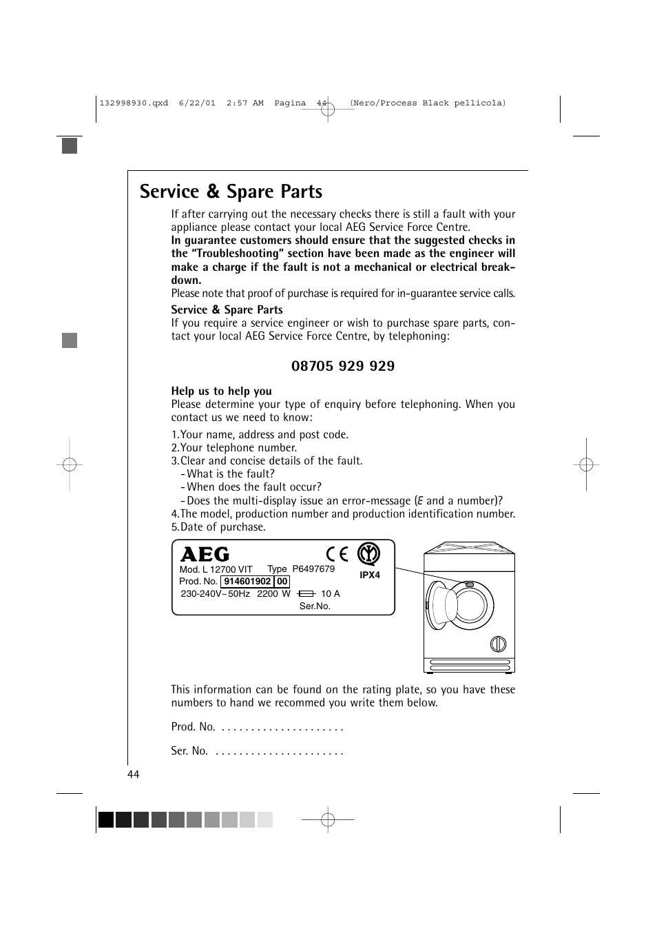 Service & spare parts | Electrolux 12700 VI User Manual | Page 44 / 59