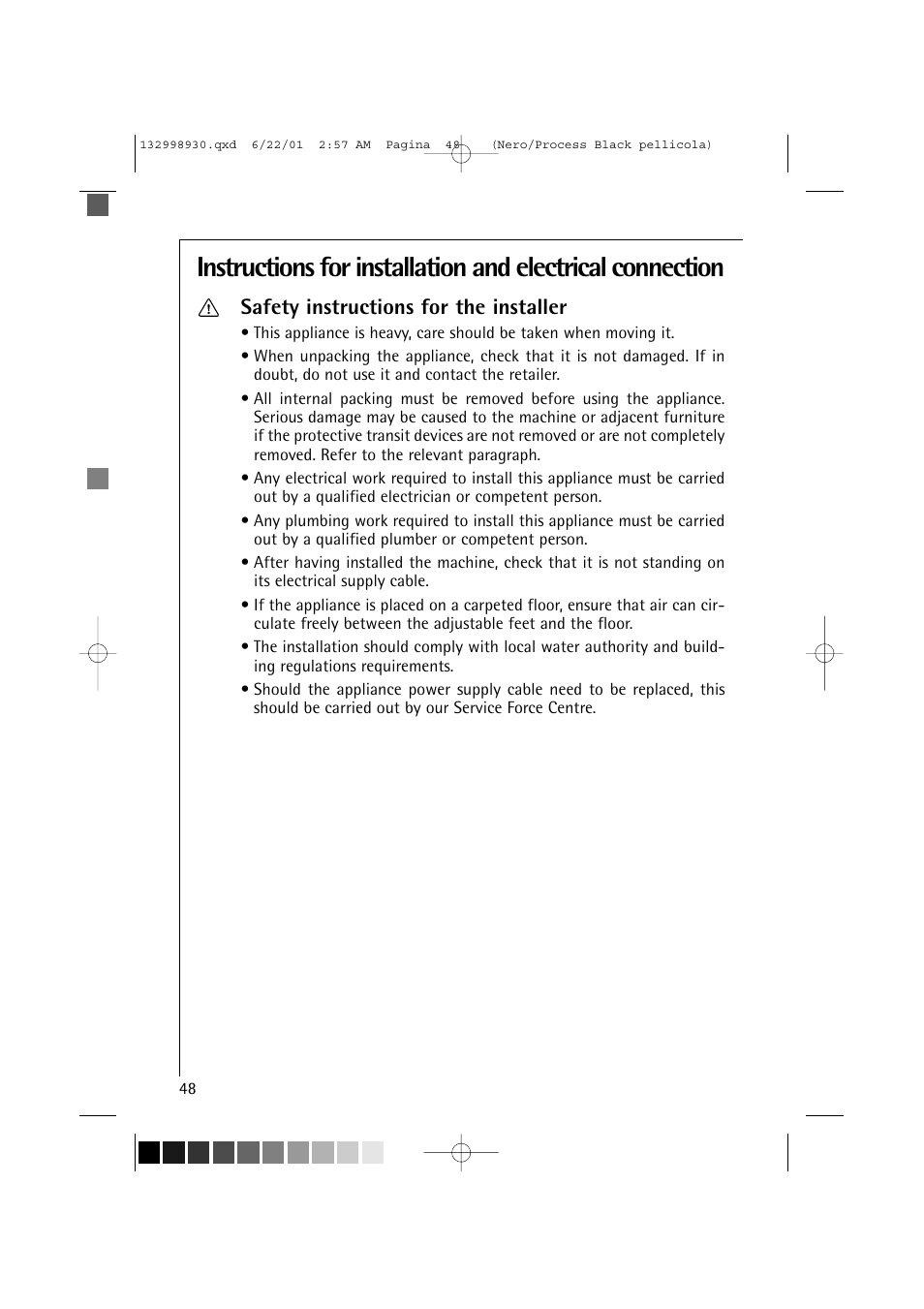 Safety instructions for the installer | Electrolux 12700 VI User Manual | Page 48 / 59