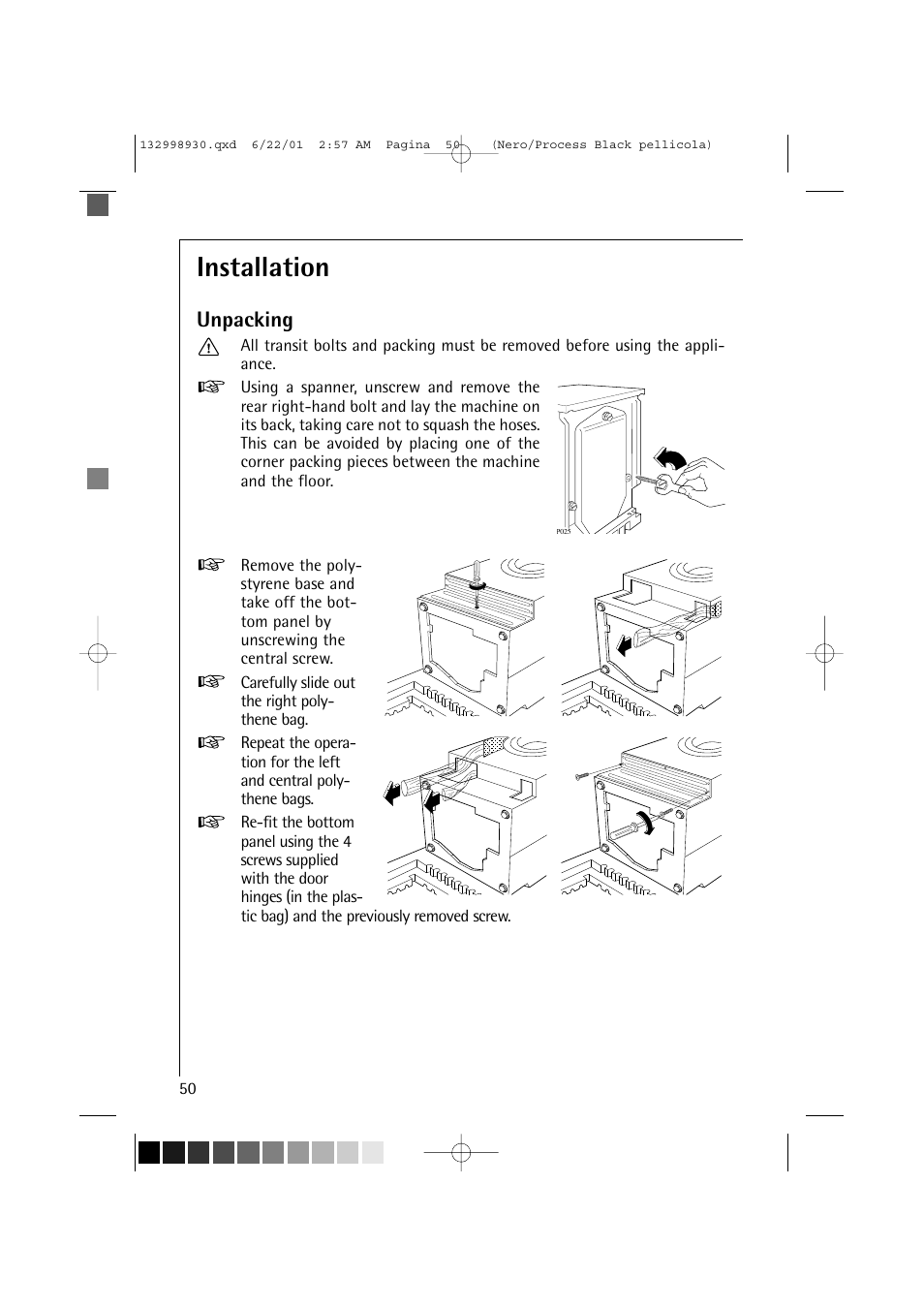 Installation, Unpacking | Electrolux 12700 VI User Manual | Page 50 / 59