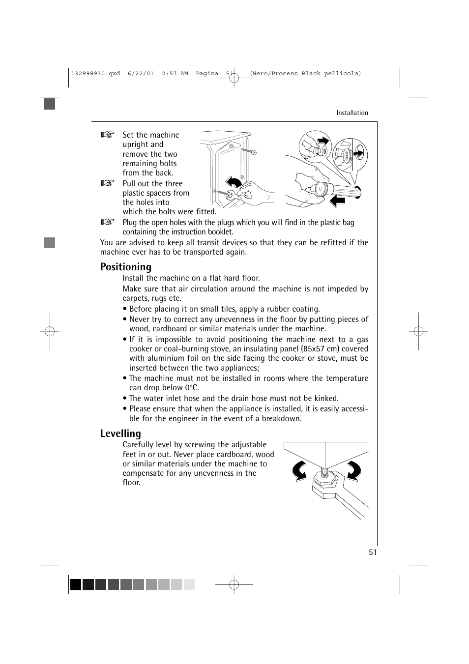 Positioning, Levelling | Electrolux 12700 VI User Manual | Page 51 / 59