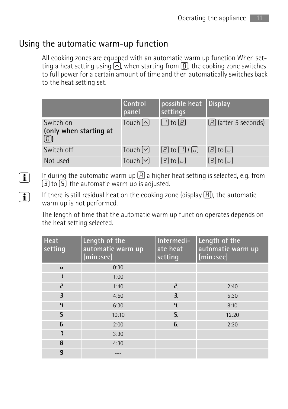 Using the automatic warm-up function | Electrolux 66320 K-MN User Manual | Page 11 / 32