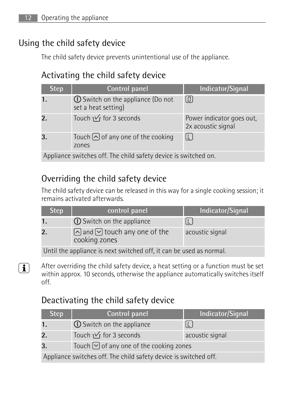 Using the child safety device, Deactivating the child safety device | Electrolux 66320 K-MN User Manual | Page 12 / 32