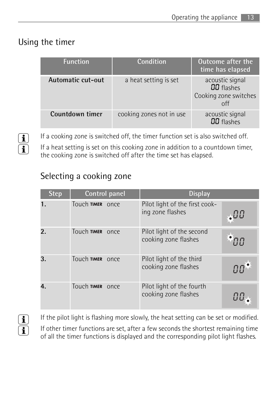 Using the timer, Selecting a cooking zone | Electrolux 66320 K-MN User Manual | Page 13 / 32