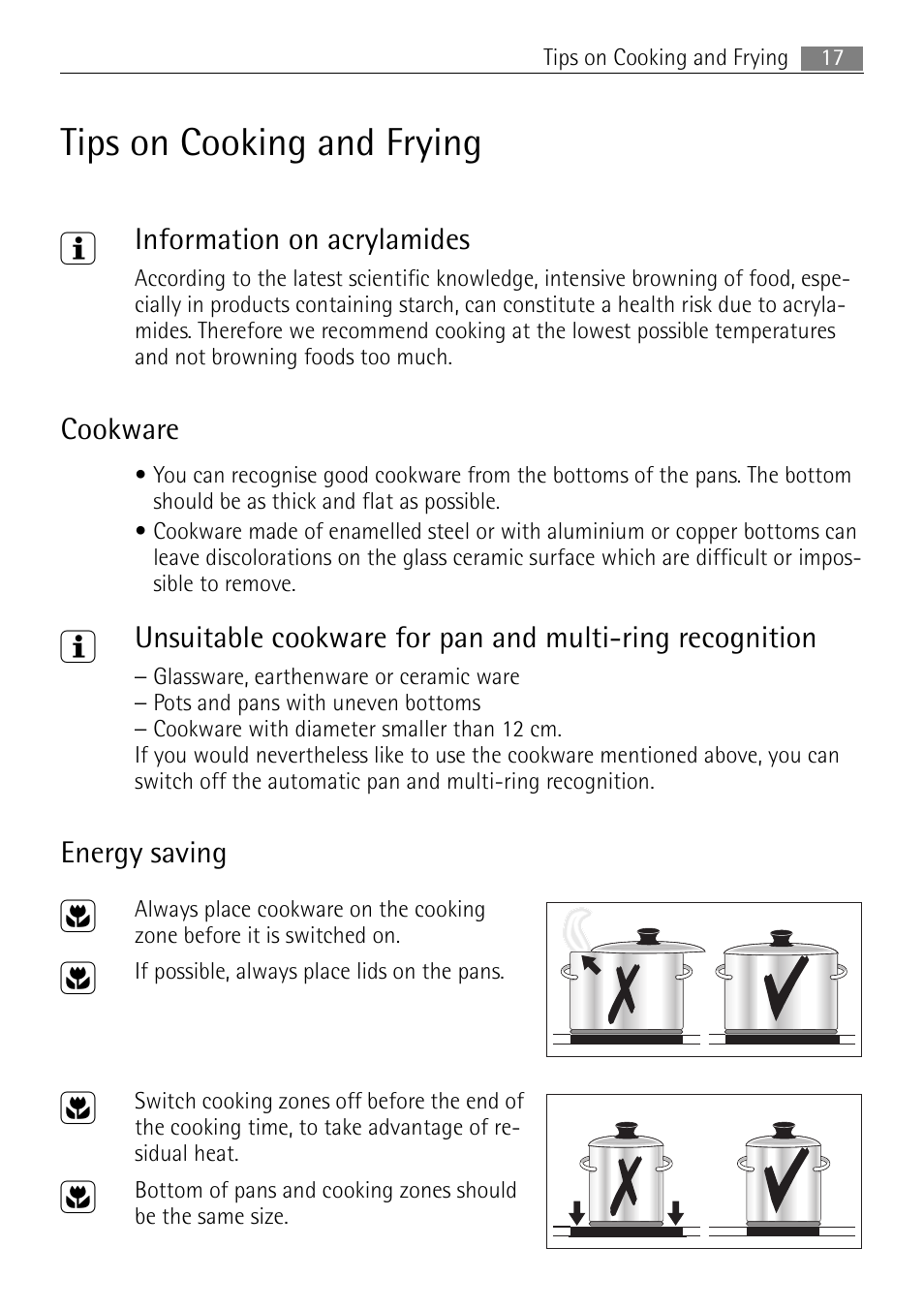 Tips on cooking and frying 3, Information on acrylamides, Cookware | Energy saving | Electrolux 66320 K-MN User Manual | Page 17 / 32