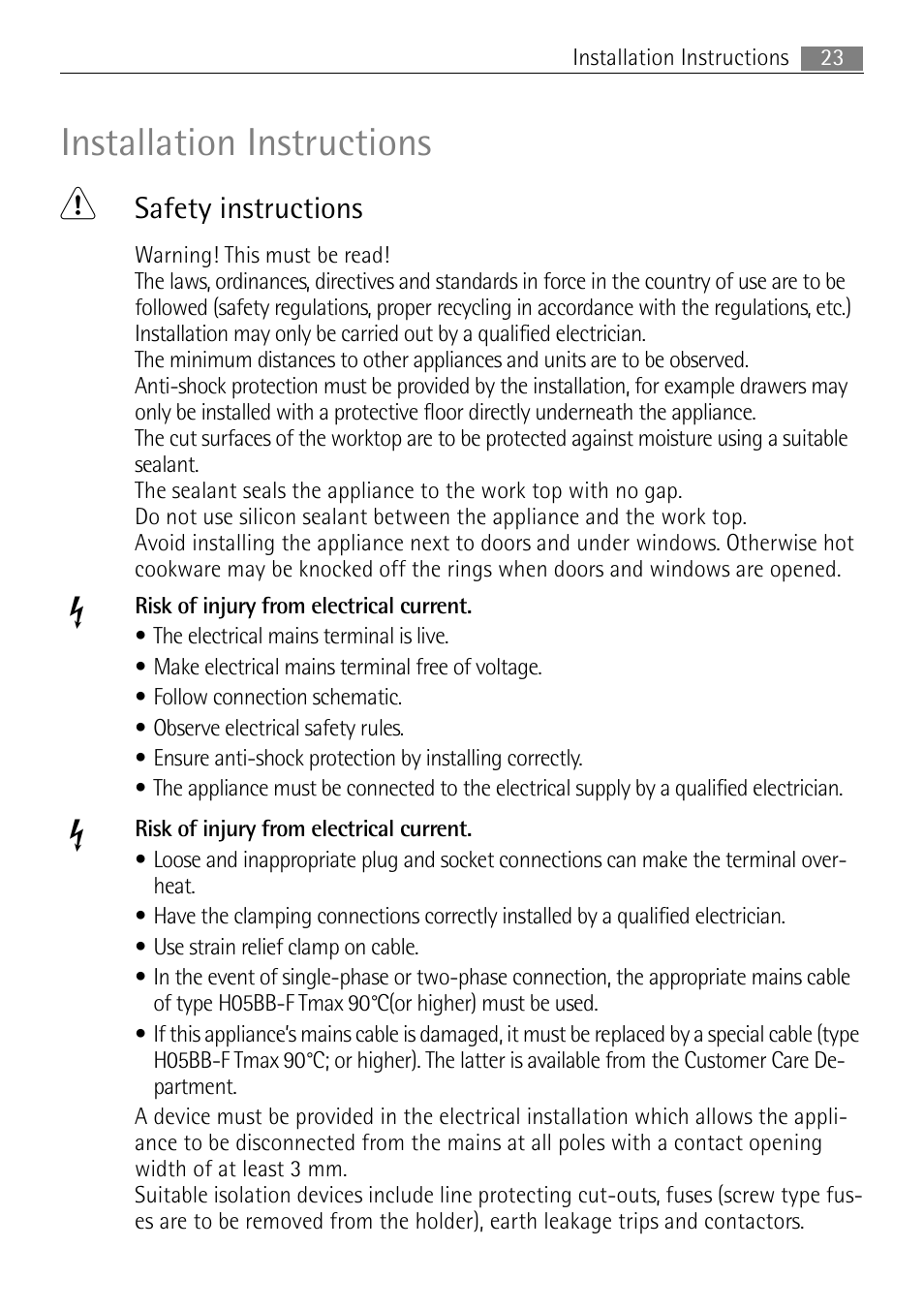 Installation instructions 1, Safety instructions | Electrolux 66320 K-MN User Manual | Page 23 / 32