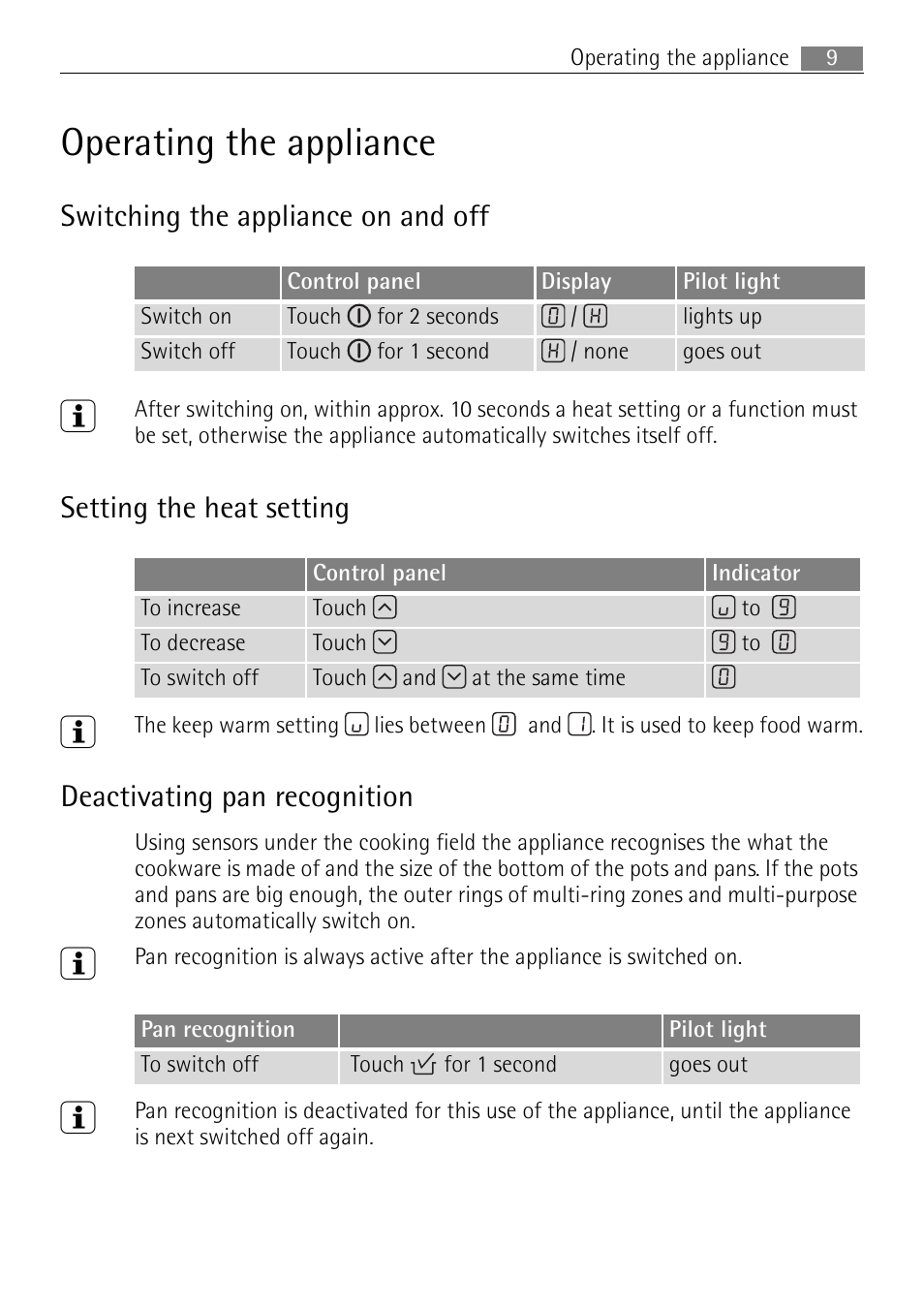 Operating the appliance, Switching the appliance on and off, Setting the heat setting | Deactivating pan recognition | Electrolux 66320 K-MN User Manual | Page 9 / 32