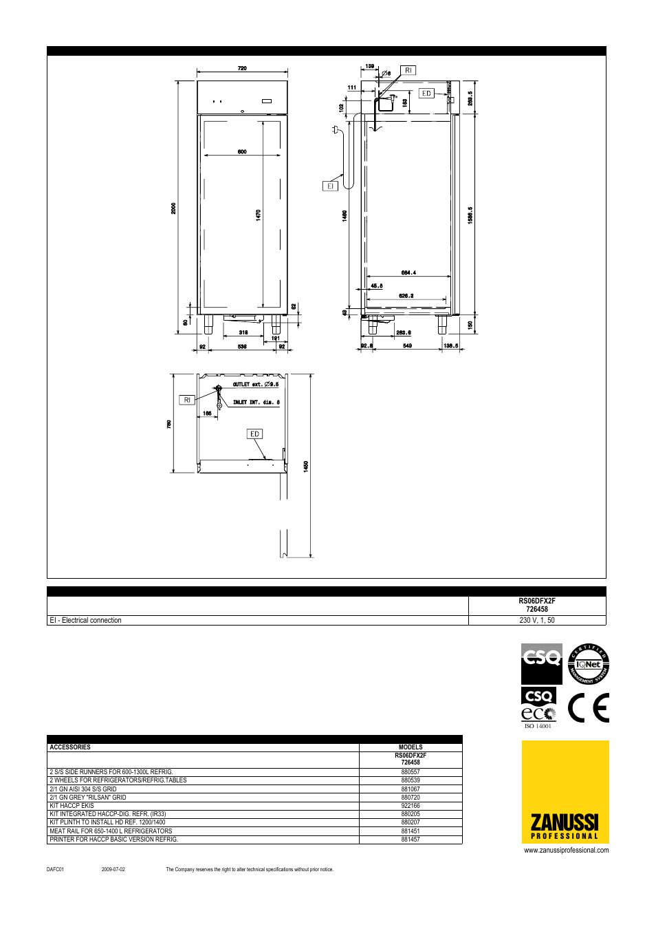 Zanussi | Electrolux Zanussi Professional RS06DFX2F User Manual | Page 2 / 2