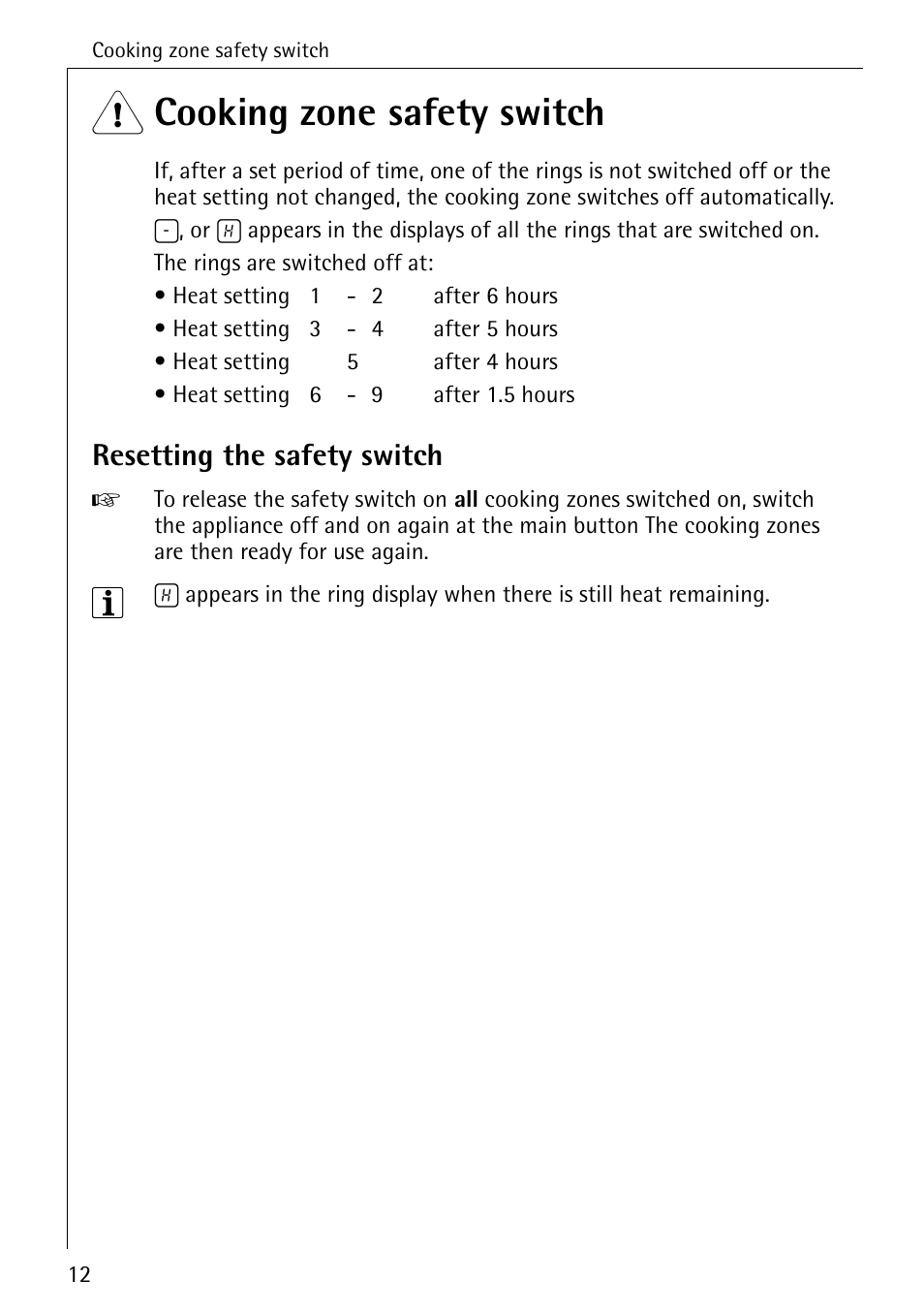 1 cooking zone safety switch, Resetting the safety switch | Electrolux 6500 K User Manual | Page 12 / 36
