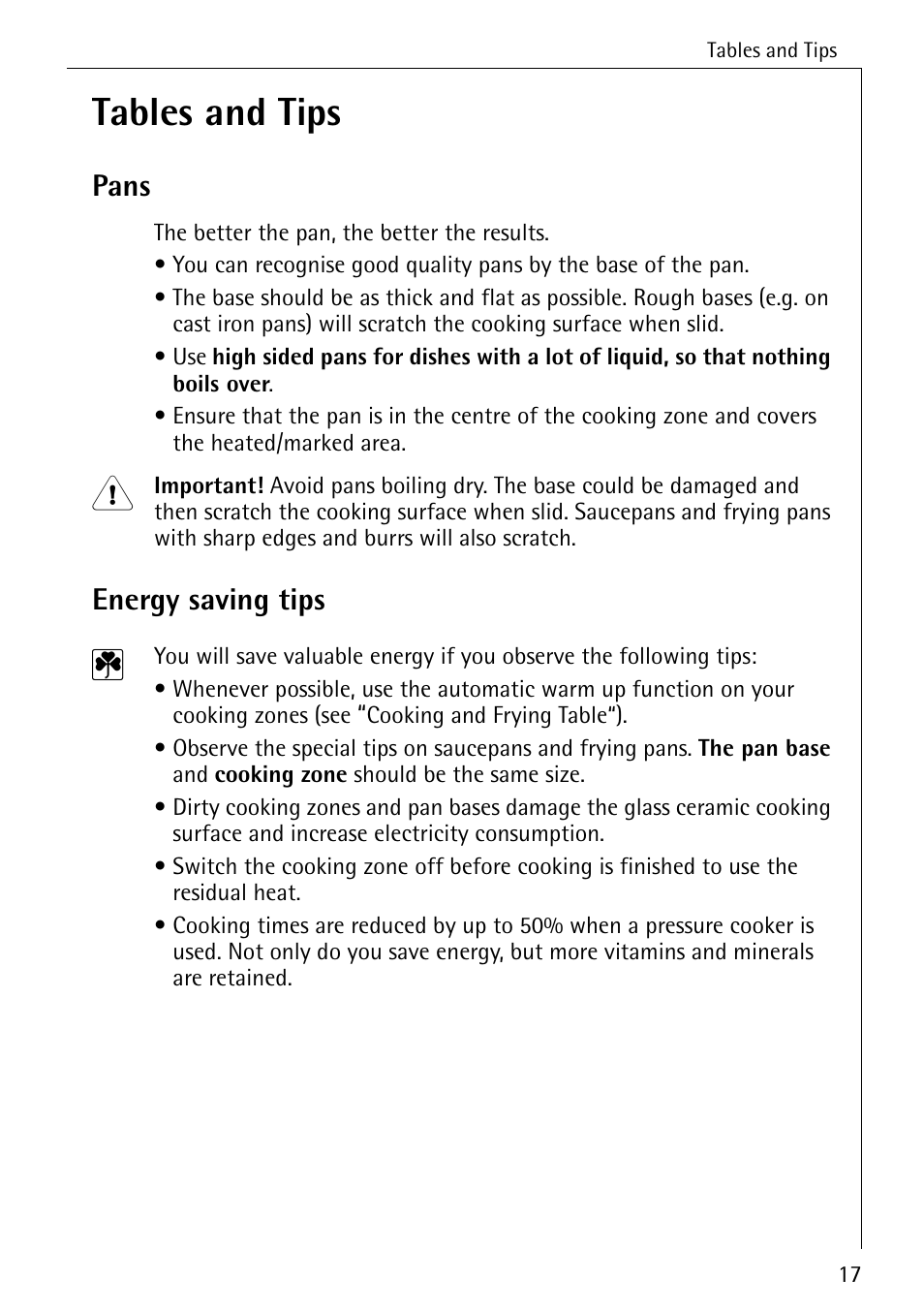 Tables and tips, Pans, Energy saving tips | Electrolux 6500 K User Manual | Page 17 / 36