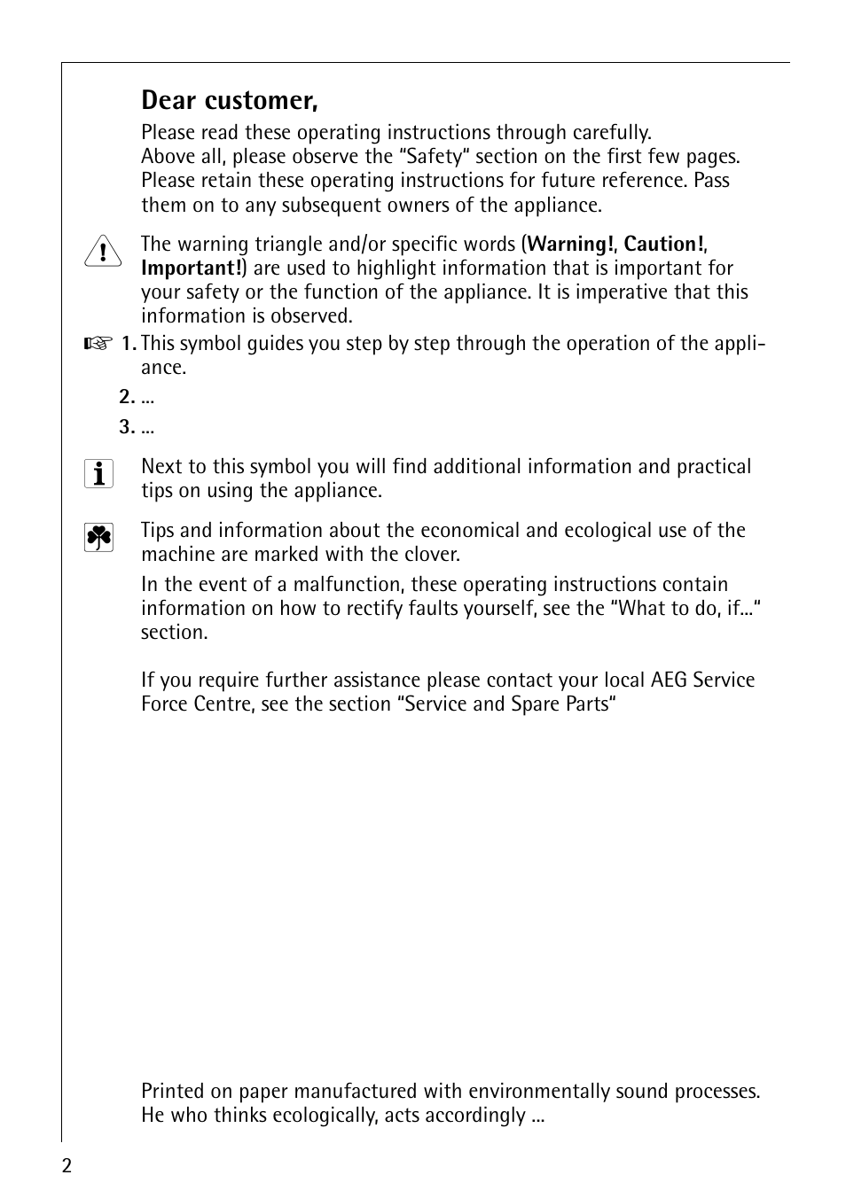 Dear customer | Electrolux 6500 K User Manual | Page 2 / 36