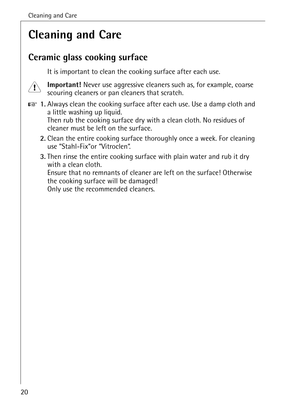 Cleaning and care, Ceramic glass cooking surface | Electrolux 6500 K User Manual | Page 20 / 36