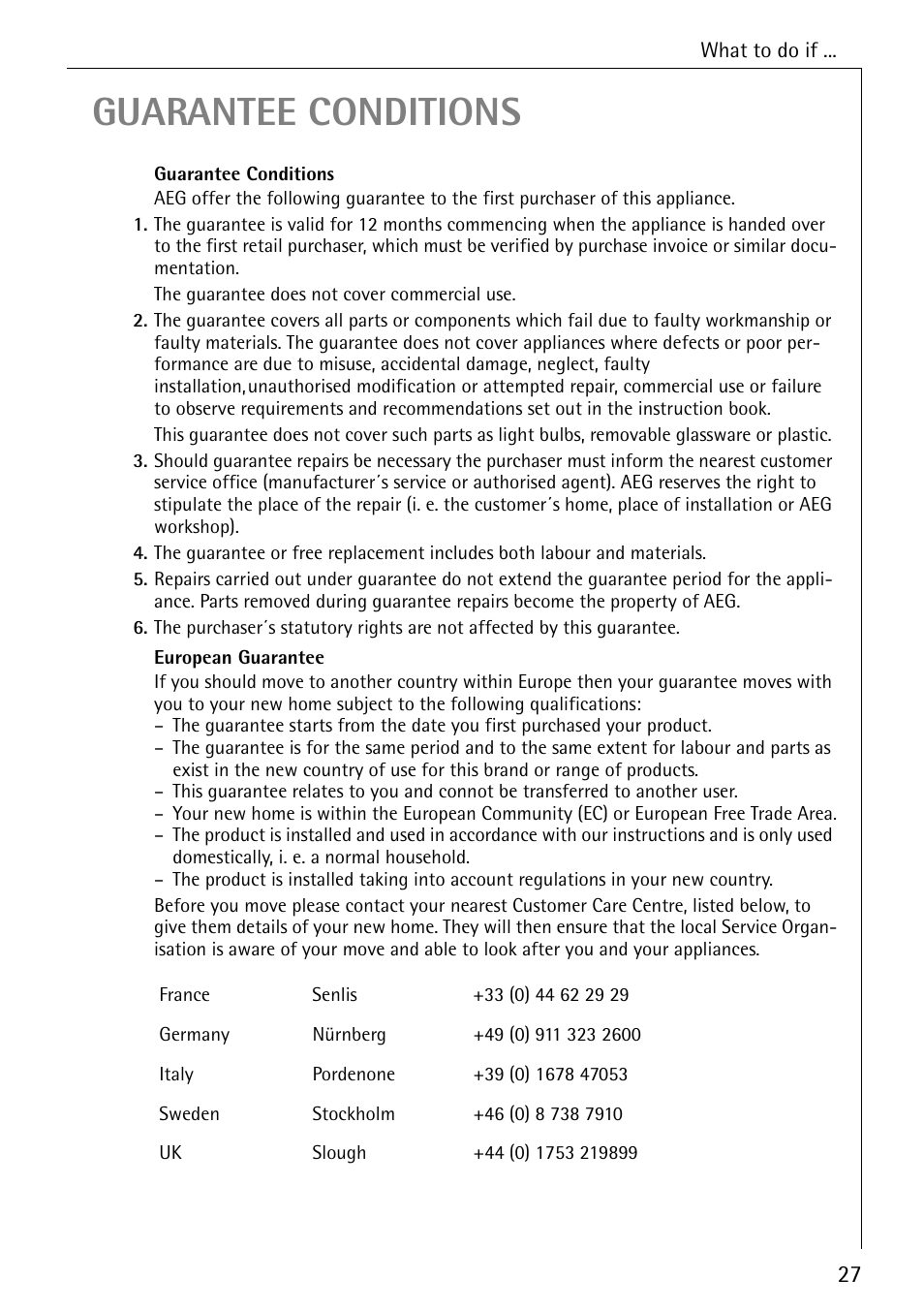 Guarantee conditions | Electrolux 6500 K User Manual | Page 27 / 36