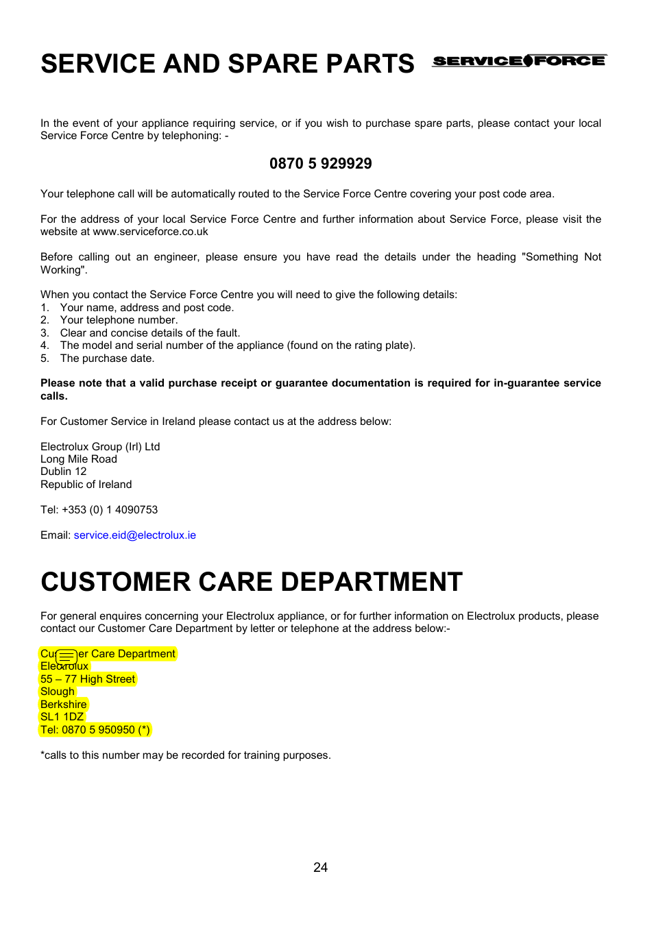 Service and spare parts, Customer care department | Electrolux EBUSS User Manual | Page 24 / 32