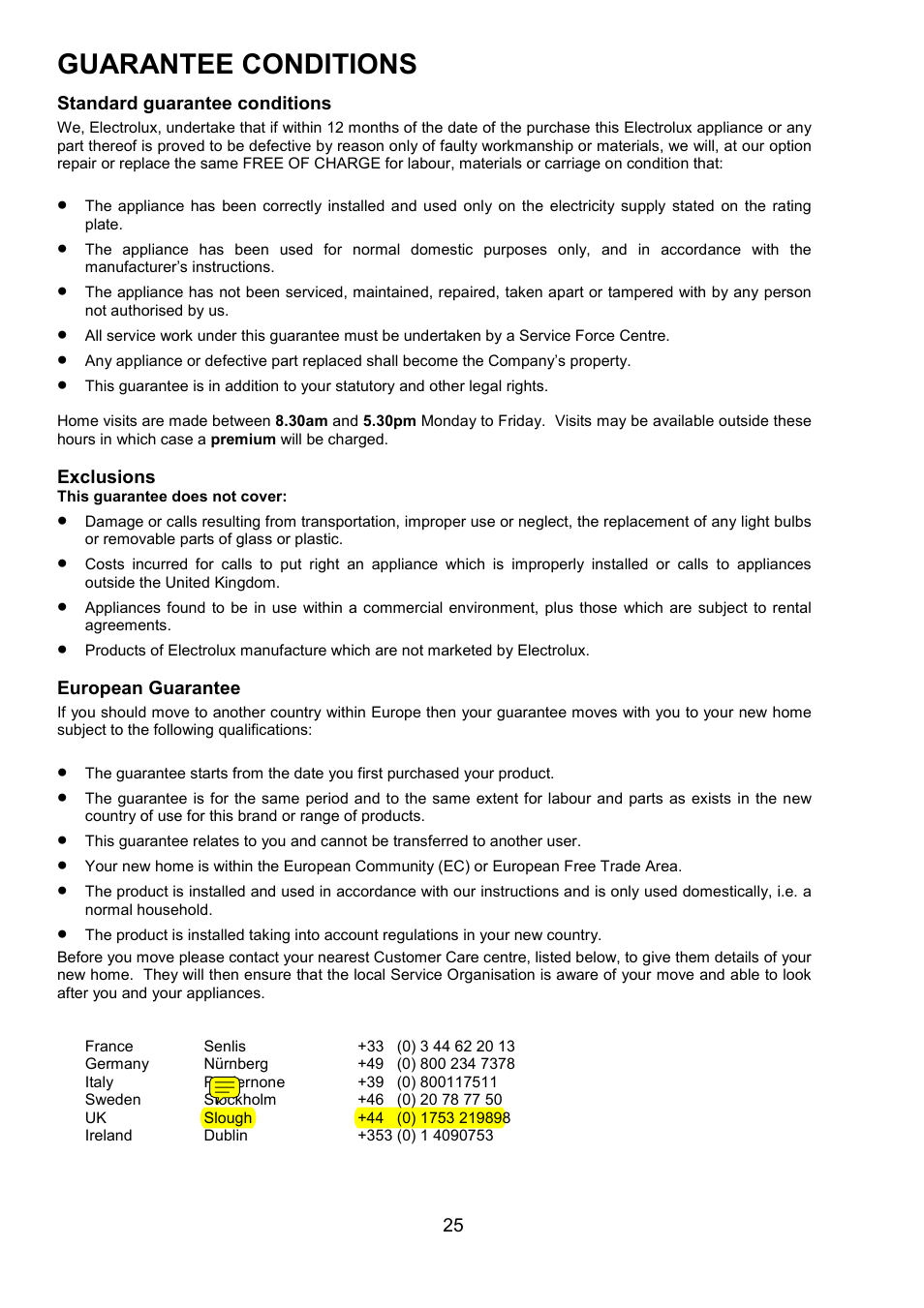 Guarantee conditions | Electrolux EBUSS User Manual | Page 25 / 32