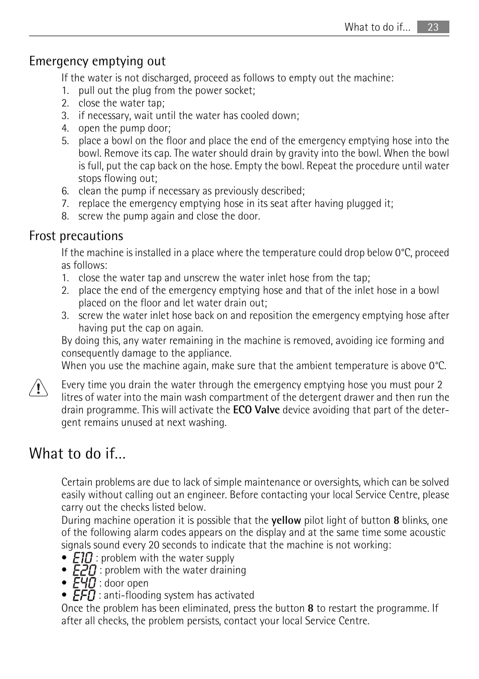 What to do if, Emergency emptying out, Frost precautions | Electrolux LAVAMAT 64850LE User Manual | Page 23 / 36