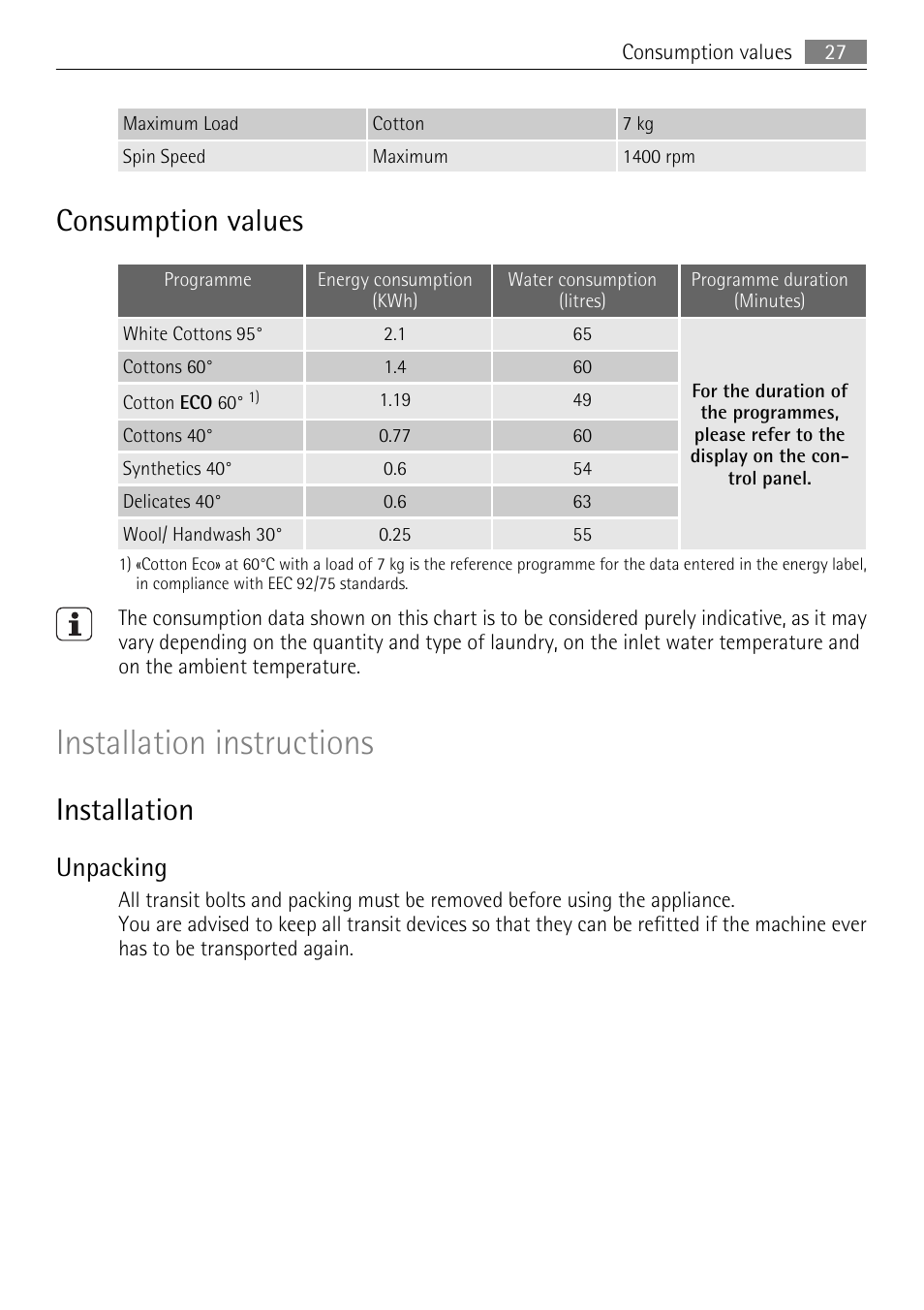 Installation instructions, Consumption values, Installation | Unpacking | Electrolux LAVAMAT 64850LE User Manual | Page 27 / 36