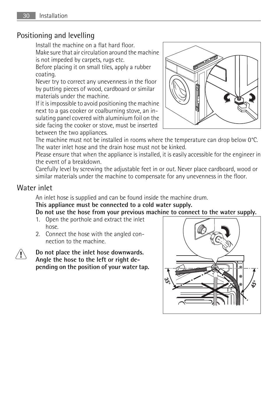 Positioning and levelling, Water inlet | Electrolux LAVAMAT 64850LE User Manual | Page 30 / 36