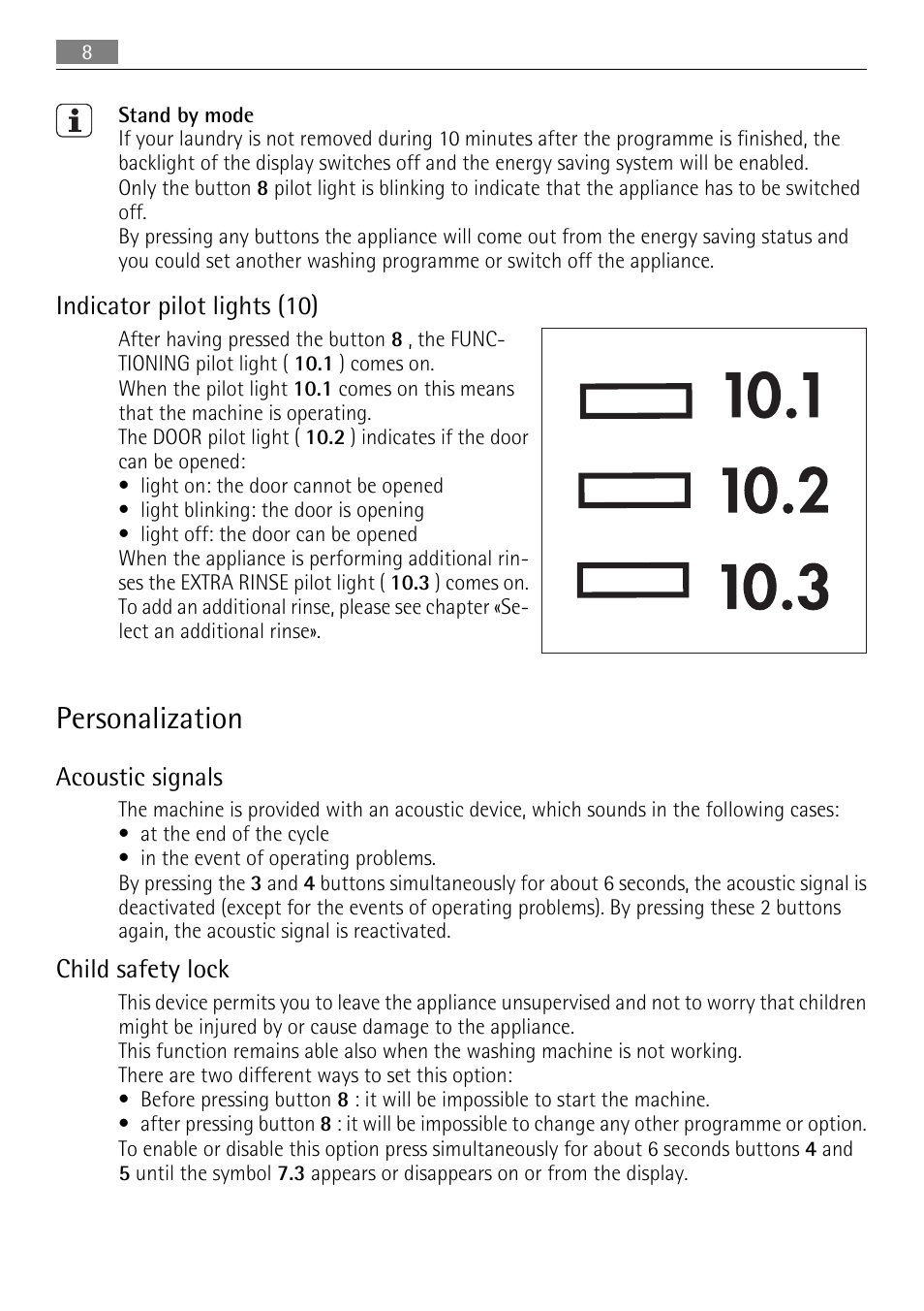 Personalization, Indicator pilot lights (10), Acoustic signals | Child safety lock | Electrolux LAVAMAT 64850LE User Manual | Page 8 / 36