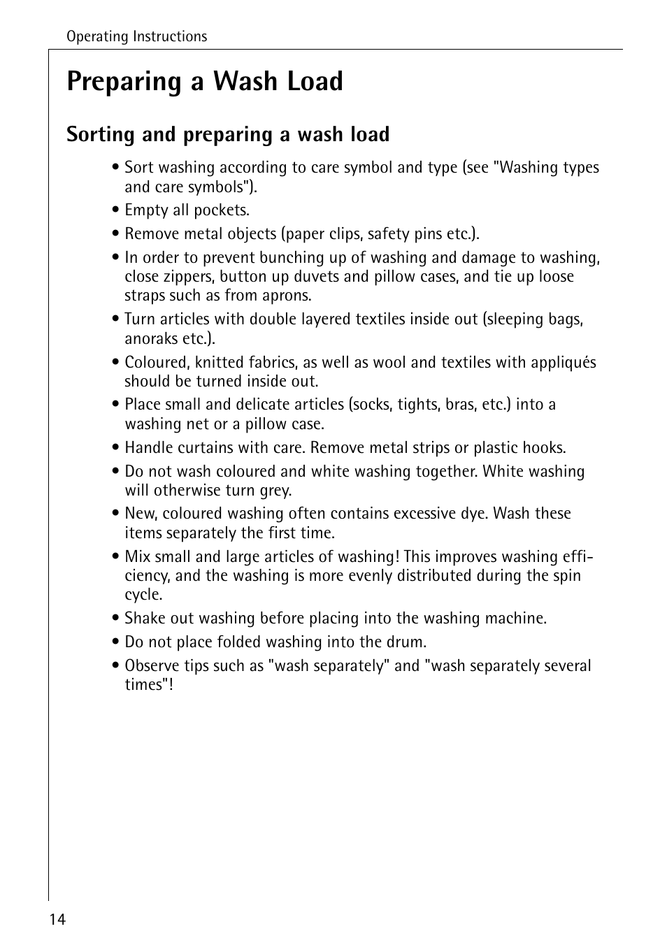 Preparing a wash load, Sorting and preparing a wash load | Electrolux 50620 User Manual | Page 14 / 48