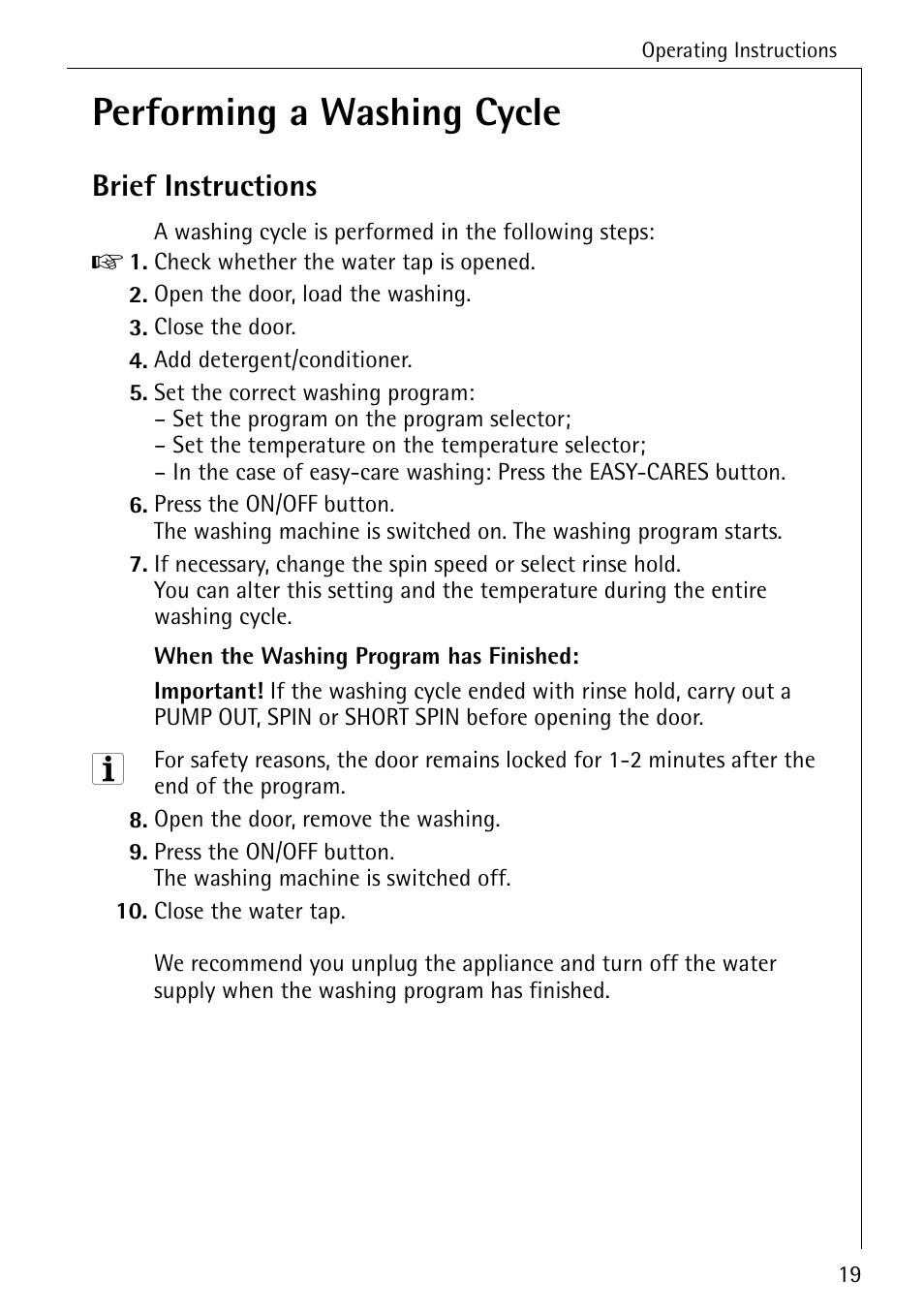 Performing a washing cycle, Brief instructions | Electrolux 50620 User Manual | Page 19 / 48