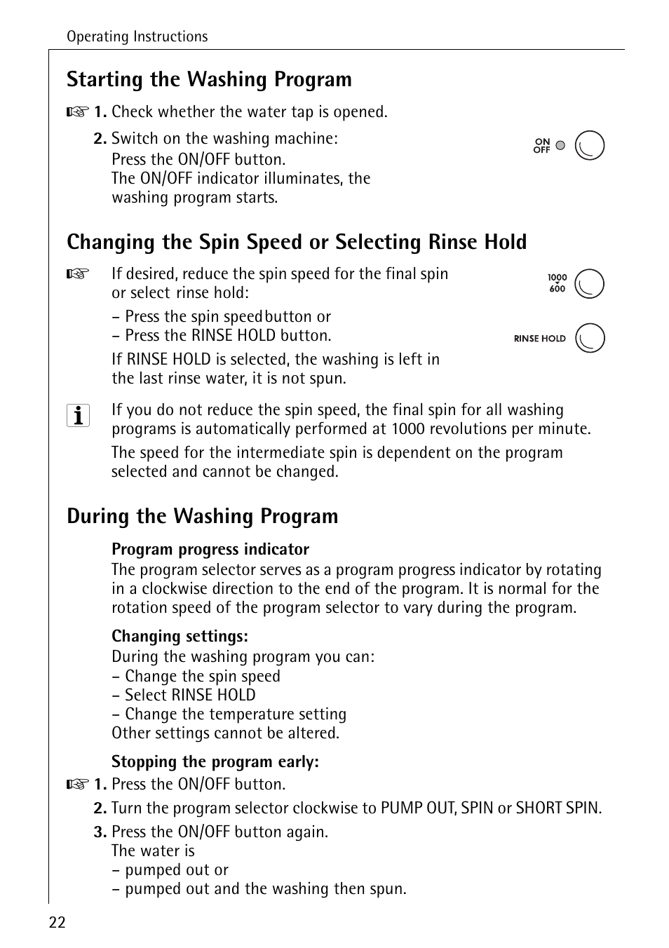 Starting the washing program, Changing the spin speed or selecting rinse hold, During the washing program | Electrolux 50620 User Manual | Page 22 / 48