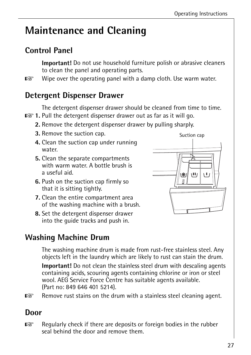 Maintenance and cleaning, Control panel, Detergent dispenser drawer | Washing machine drum, Door | Electrolux 50620 User Manual | Page 27 / 48