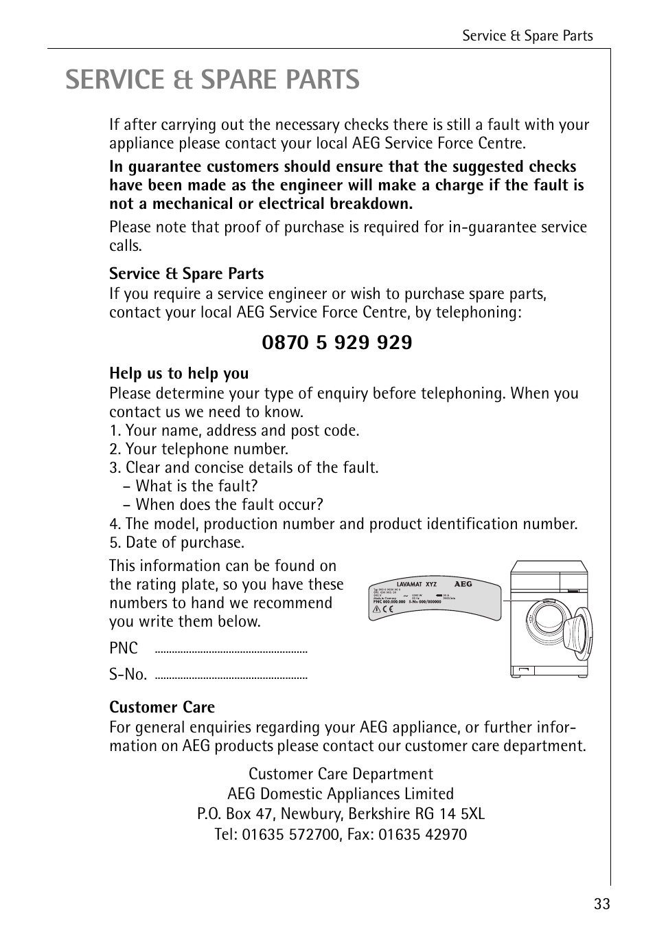 Service & spare parts | Electrolux 50620 User Manual | Page 33 / 48