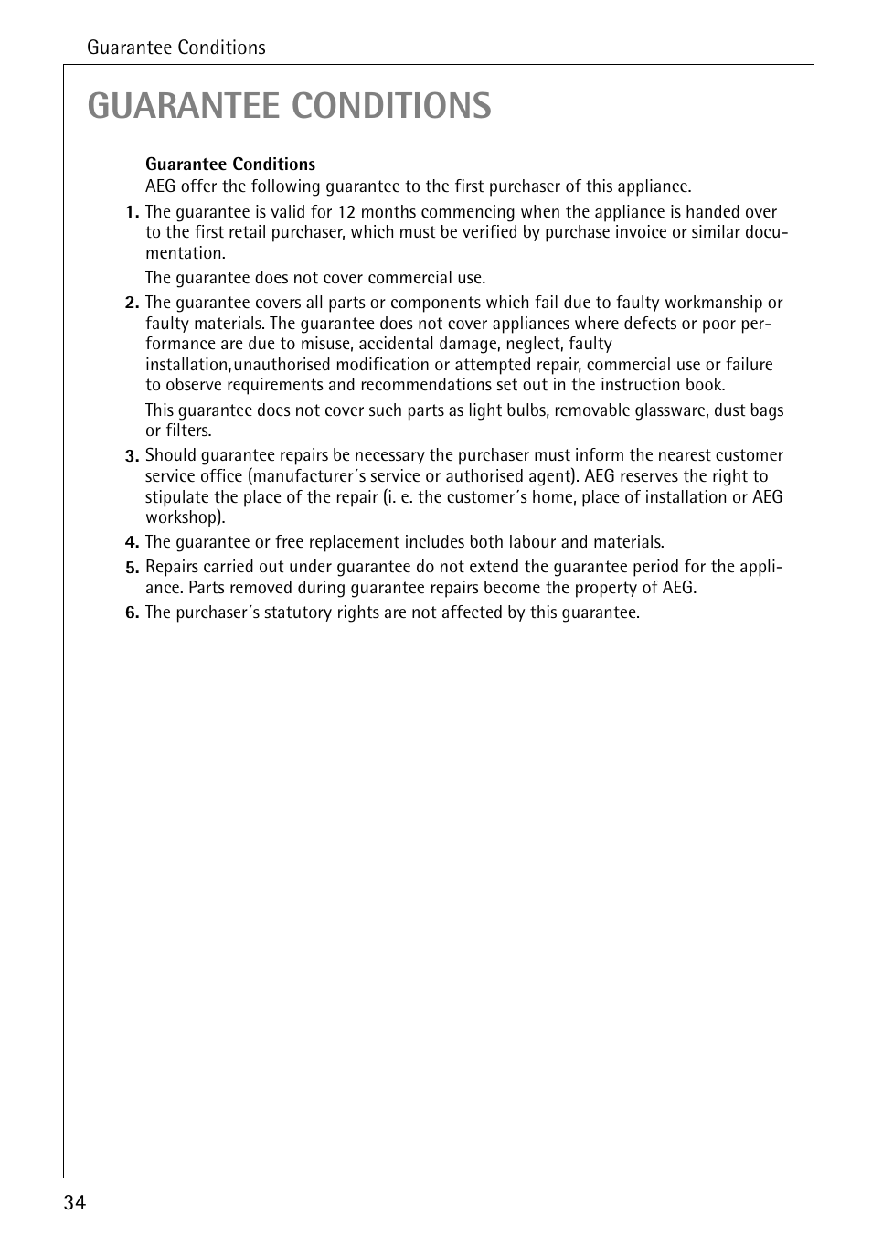 Guarantee conditions | Electrolux 50620 User Manual | Page 34 / 48