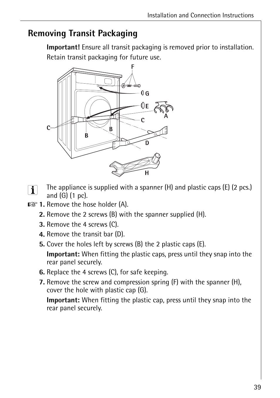 Removing transit packaging | Electrolux 50620 User Manual | Page 39 / 48