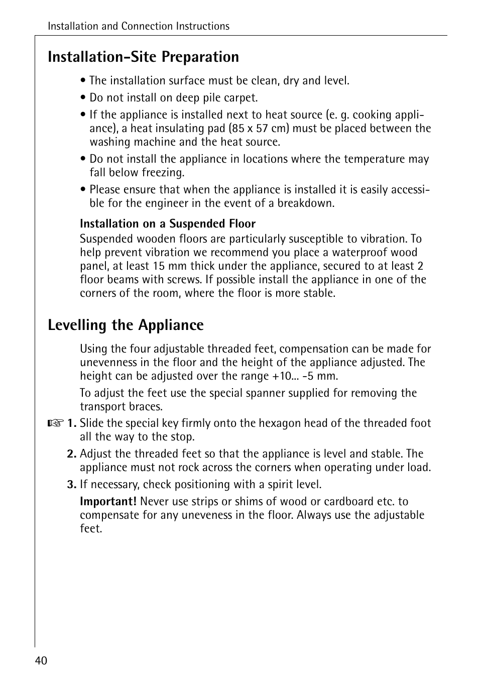 Installation-site preparation, Levelling the appliance | Electrolux 50620 User Manual | Page 40 / 48