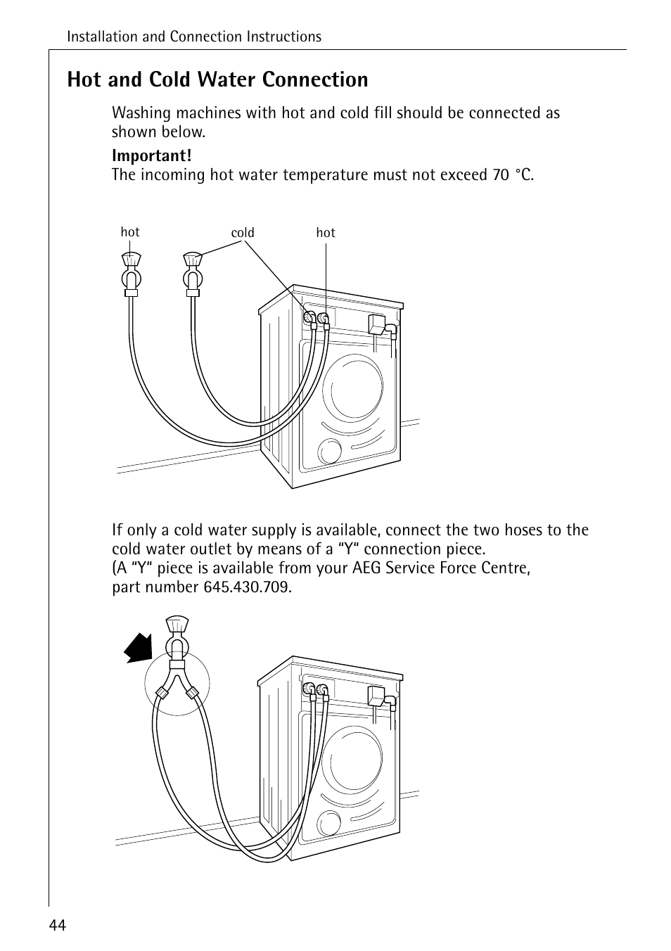 Hot and cold water connection | Electrolux 50620 User Manual | Page 44 / 48