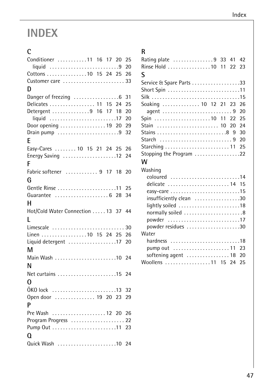 Index | Electrolux 50620 User Manual | Page 47 / 48