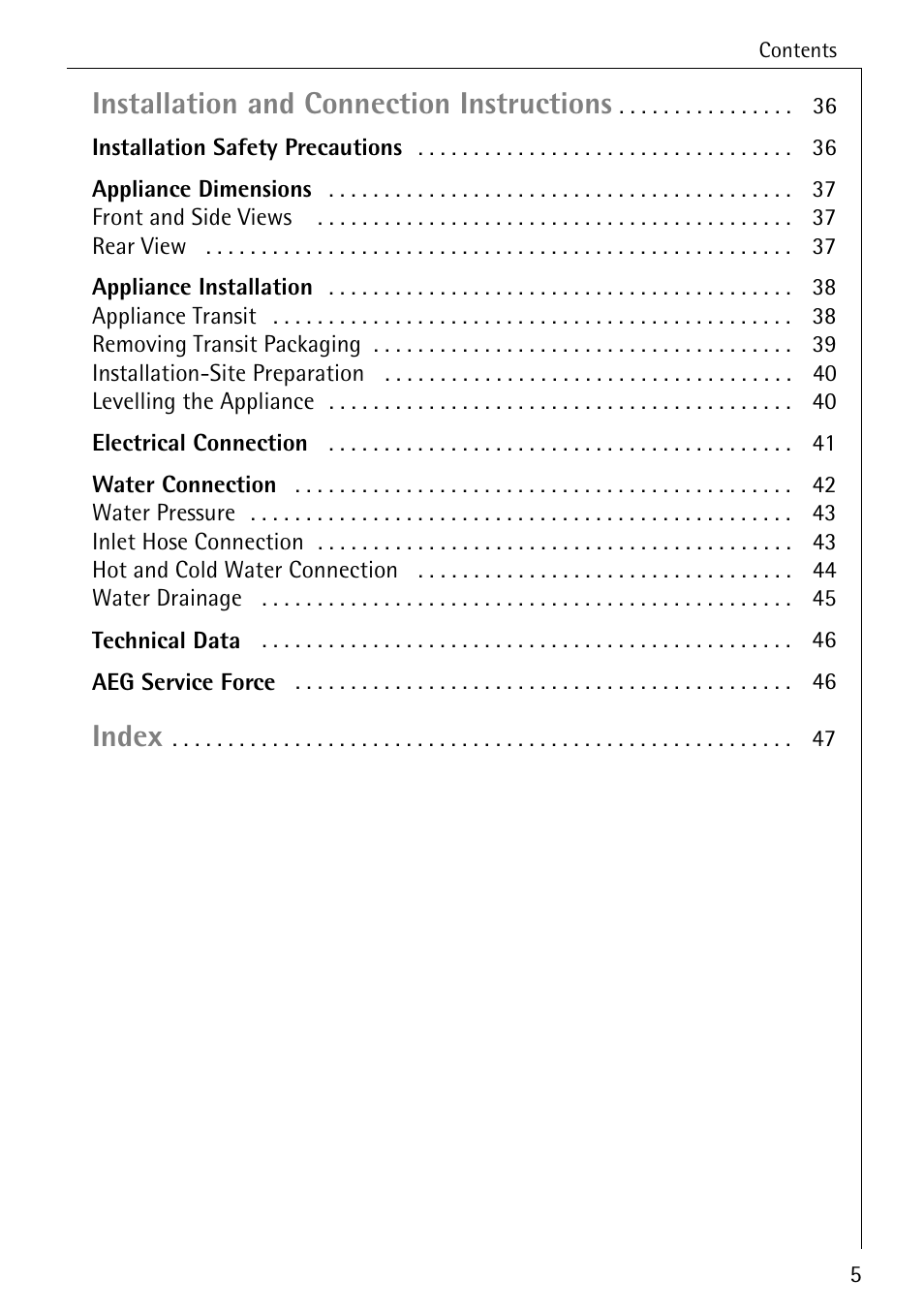 Installation and connection instructions, Index | Electrolux 50620 User Manual | Page 5 / 48