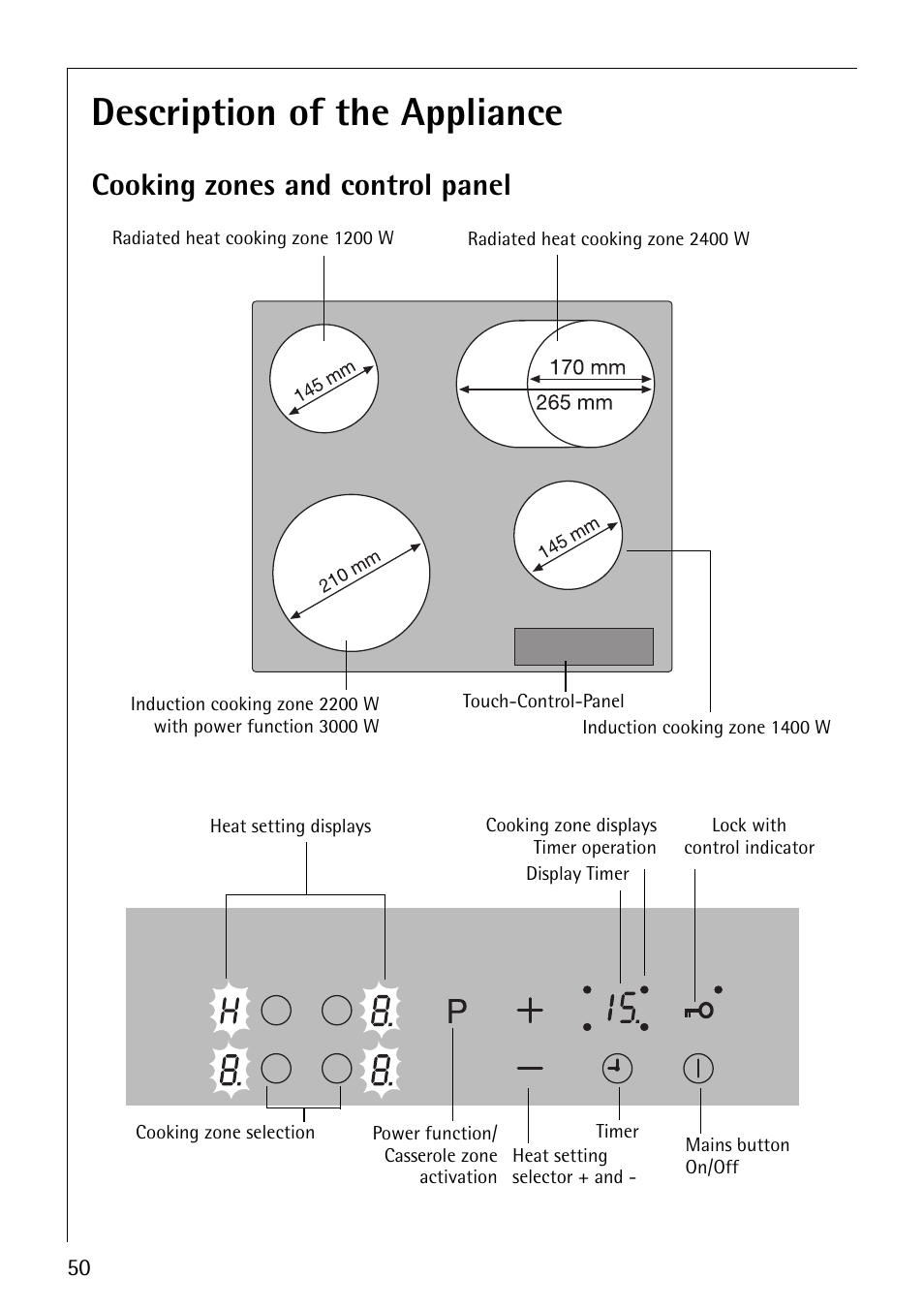 Description of the appliance, Cooking zones and control panel | Electrolux C67600K User Manual | Page 10 / 46
