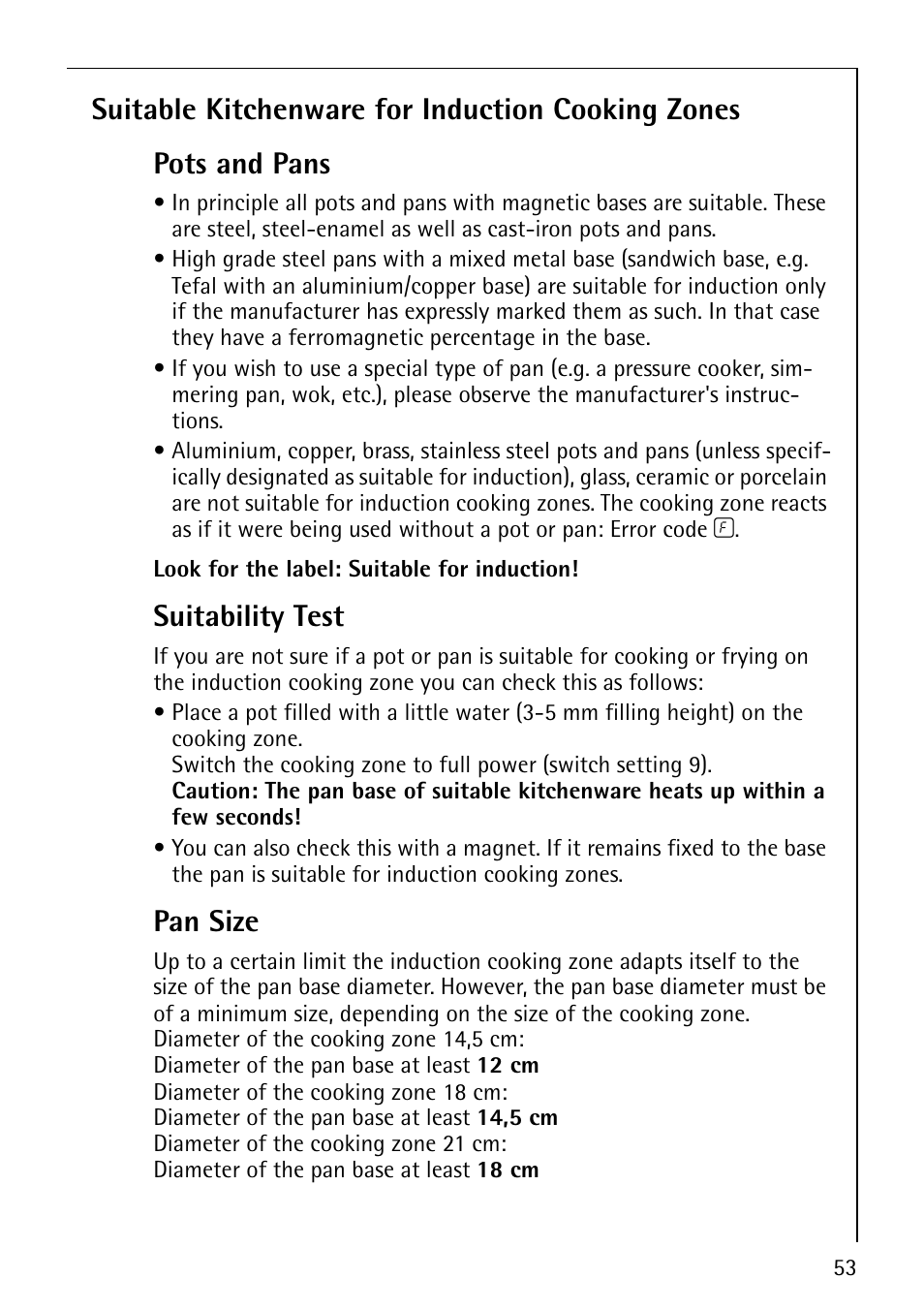 Suitability test, Pan size | Electrolux C67600K User Manual | Page 13 / 46