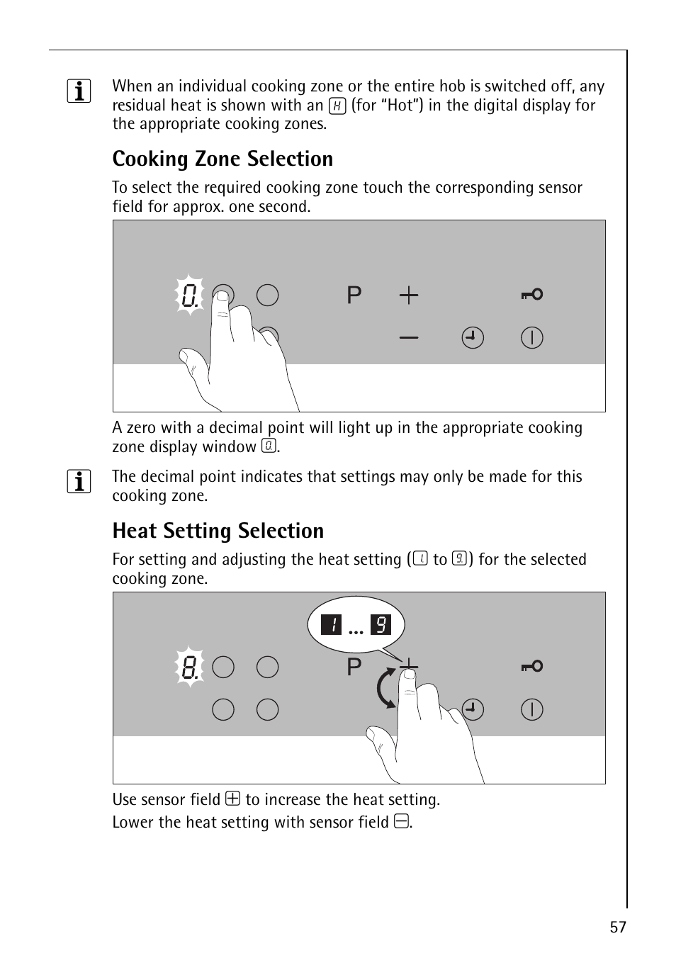 Cooking zone selection, Heat setting selection | Electrolux C67600K User Manual | Page 17 / 46