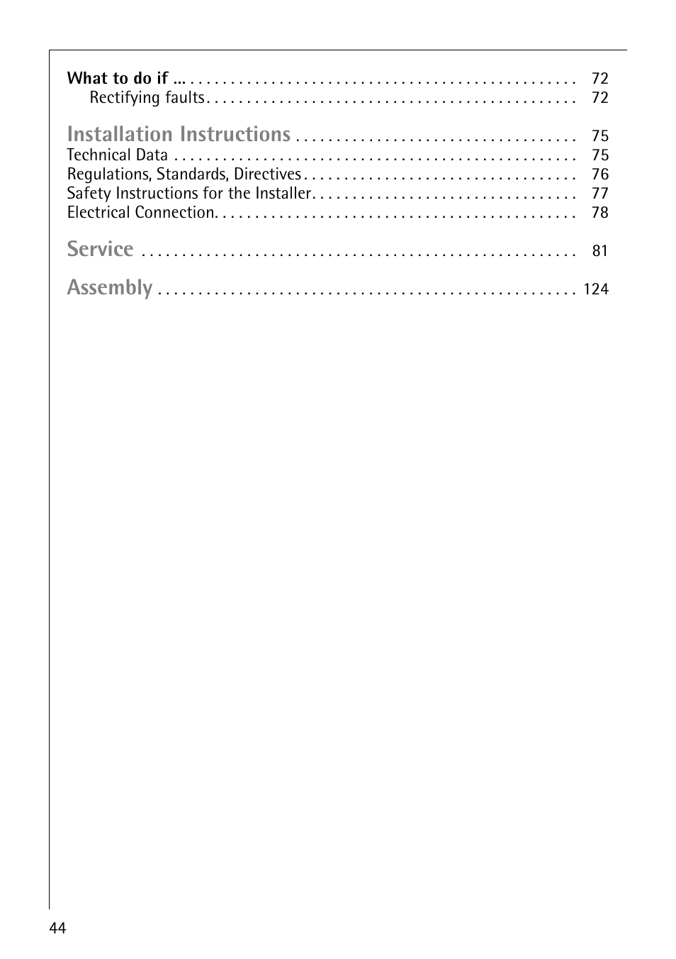 Installation instructions, Service, Assembly | Electrolux C67600K User Manual | Page 4 / 46