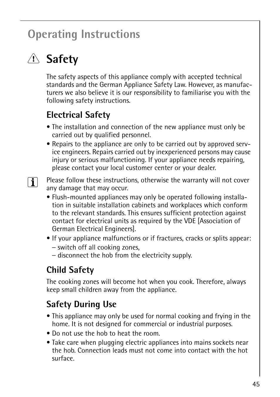 Operating instructions 1 safety, Electrical safety, Child safety | Safety during use | Electrolux C67600K User Manual | Page 5 / 46