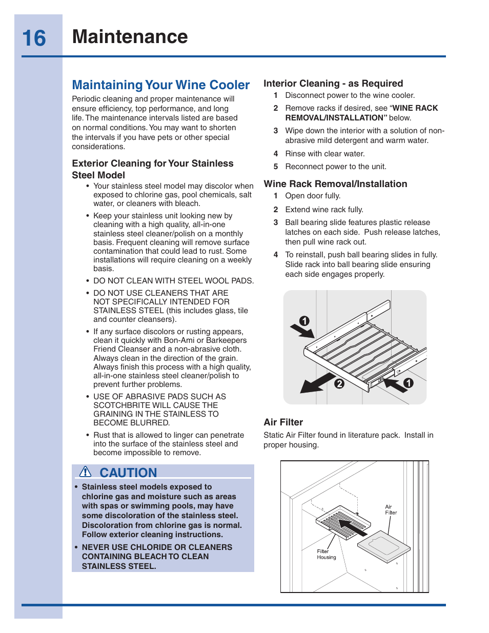Maintenance, Maintaining your wine cooler, Caution | Electrolux 241957000 User Manual | Page 16 / 18
