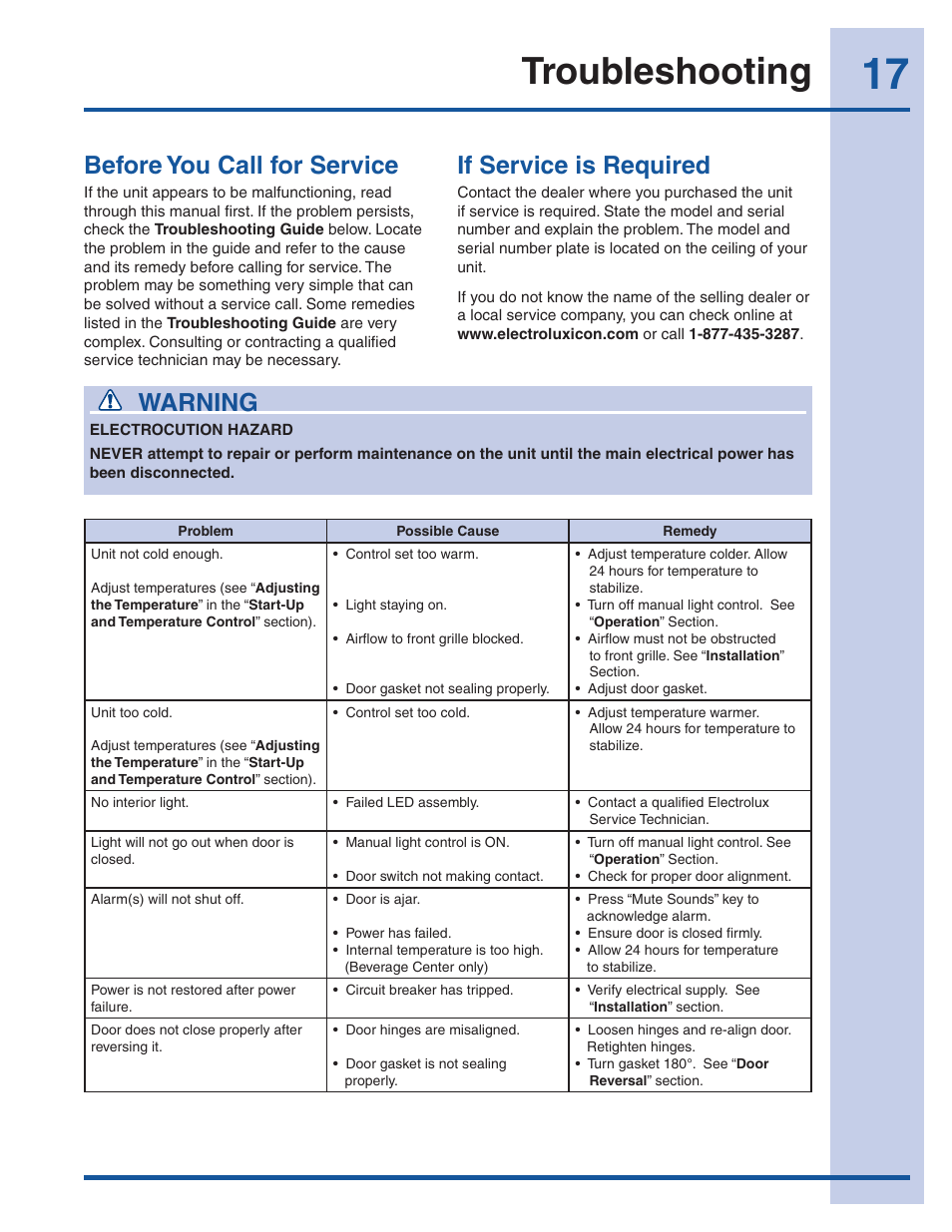 Troubleshooting, Before you call for service, If service is required | Warning | Electrolux 241957000 User Manual | Page 17 / 18