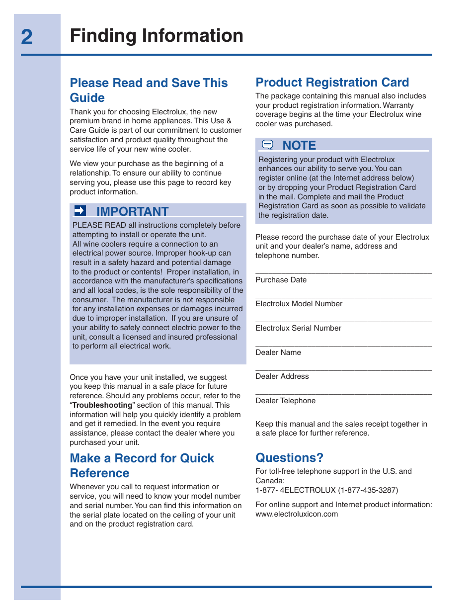 Finding information, Product registration card, Please read and save this guide | Important, Make a record for quick reference, Questions | Electrolux 241957000 User Manual | Page 2 / 18