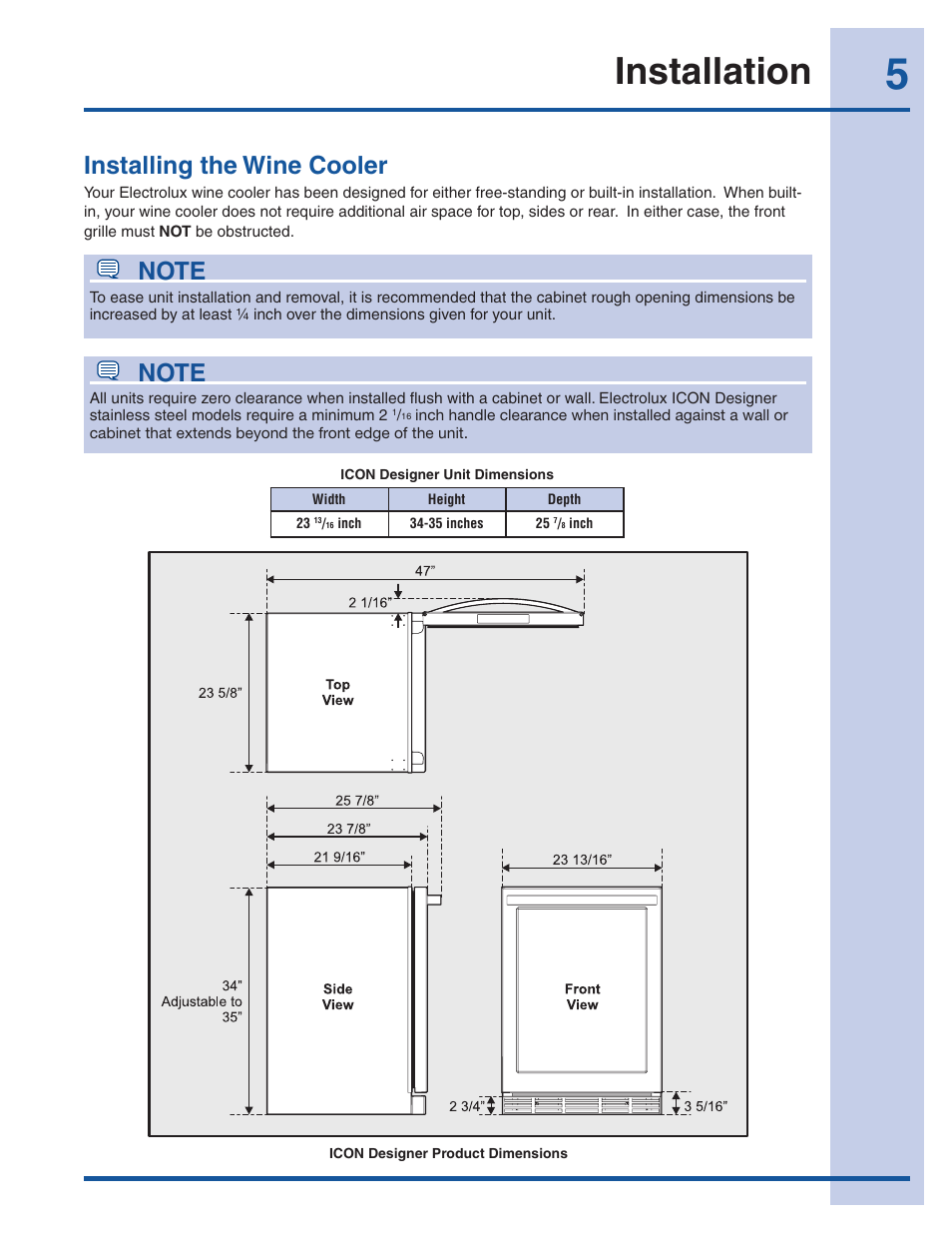 Installation, Installing the wine cooler | Electrolux 241957000 User Manual | Page 5 / 18