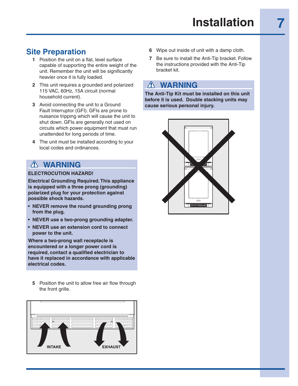Installation, Warning, Site preparation | Electrolux 241957000 User Manual | Page 7 / 18