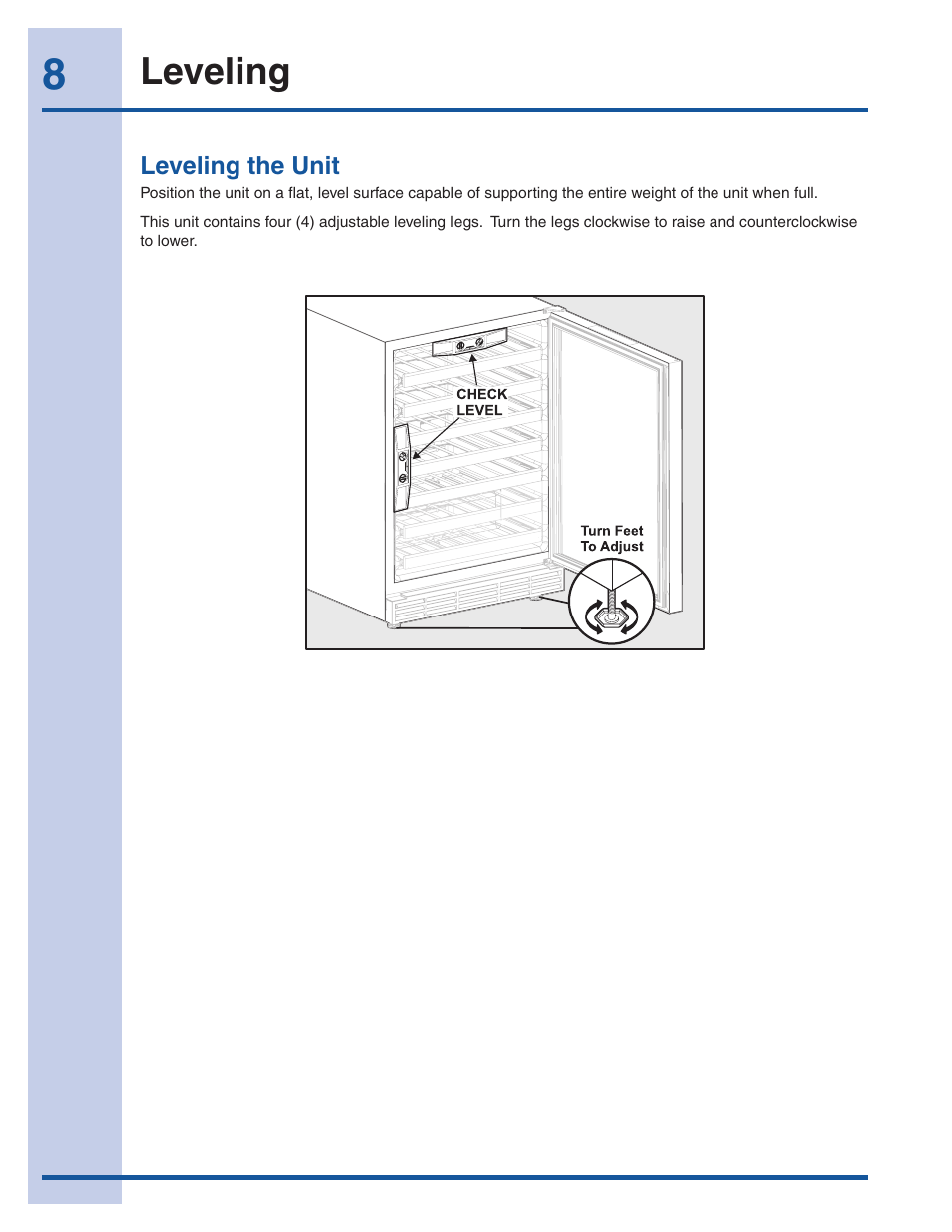 Leveling | Electrolux 241957000 User Manual | Page 8 / 18