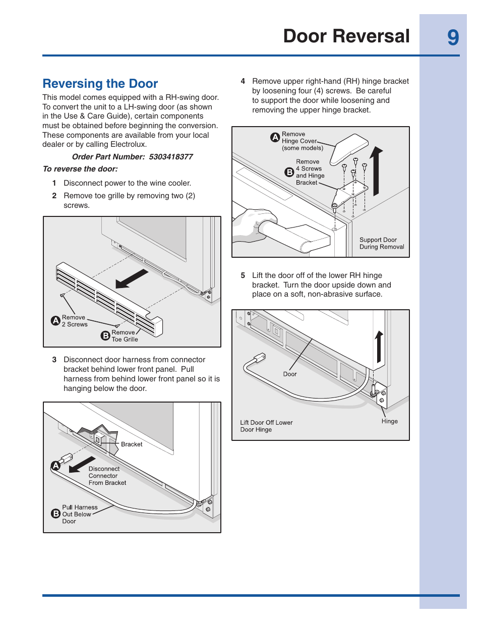 Door reversal, Reversing the door | Electrolux 241957000 User Manual | Page 9 / 18